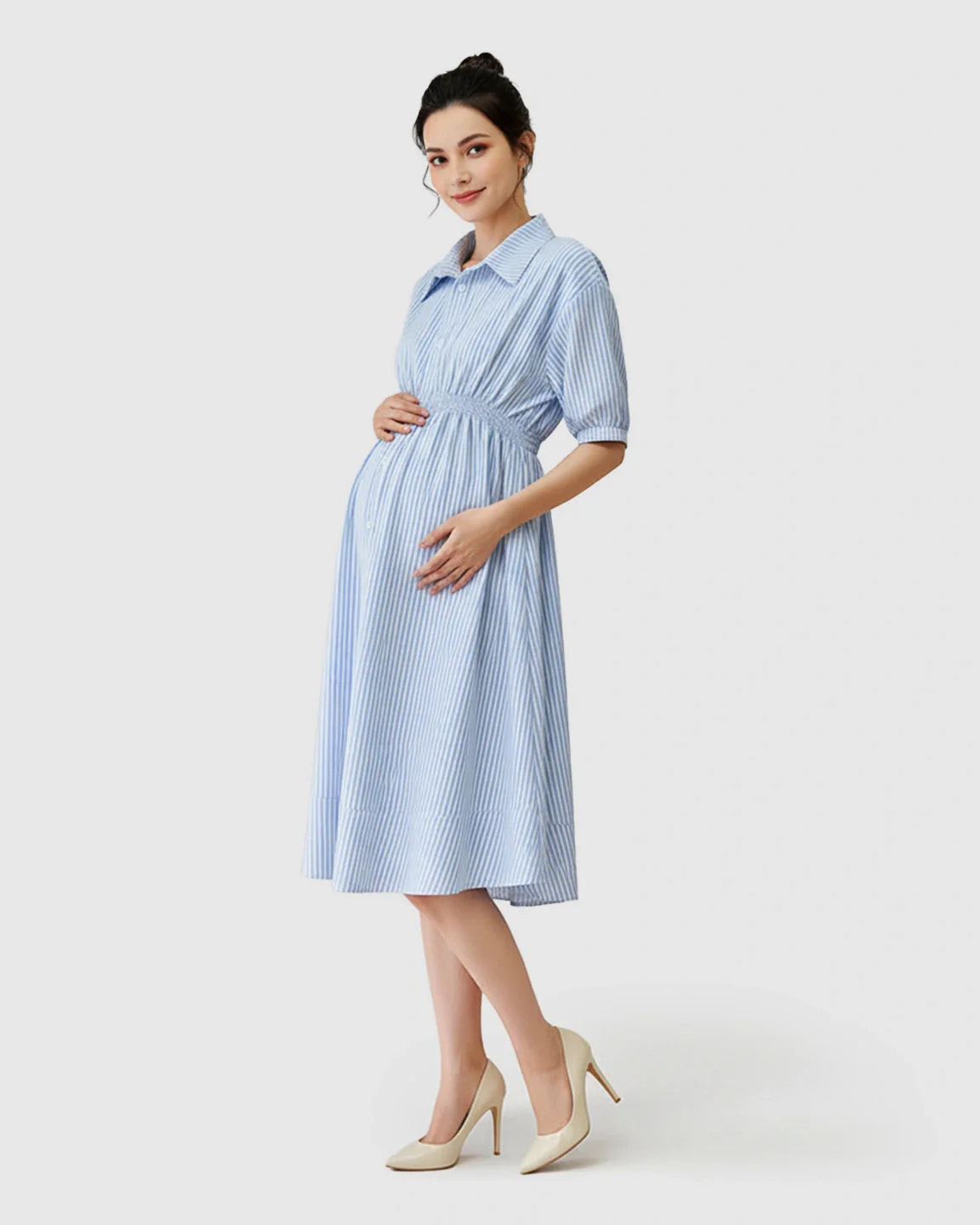 Bump Society – The Comfort Collection: Gathered Waist Striped Shirt Maternity Dress