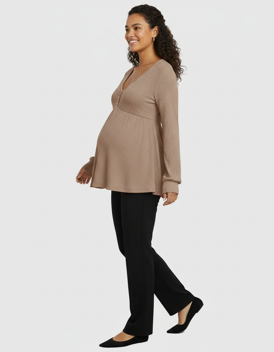 Bump Society – The Comfort Collection: Grey Ruched Bodycon Maternity Midi Dress.
