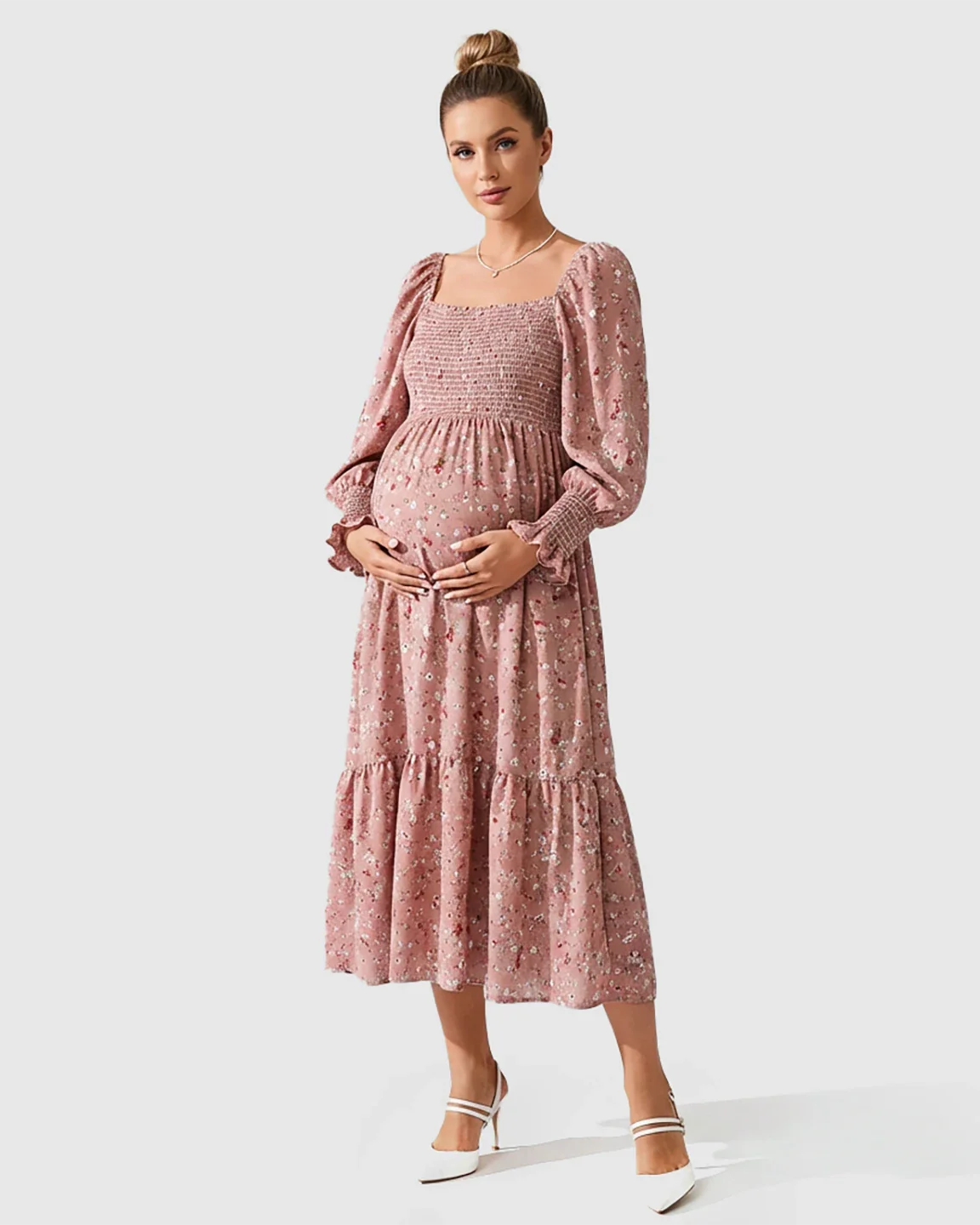 Bump Society – The Comfort Collection: Smocked Bodice Feminine Maternity Midi Dress