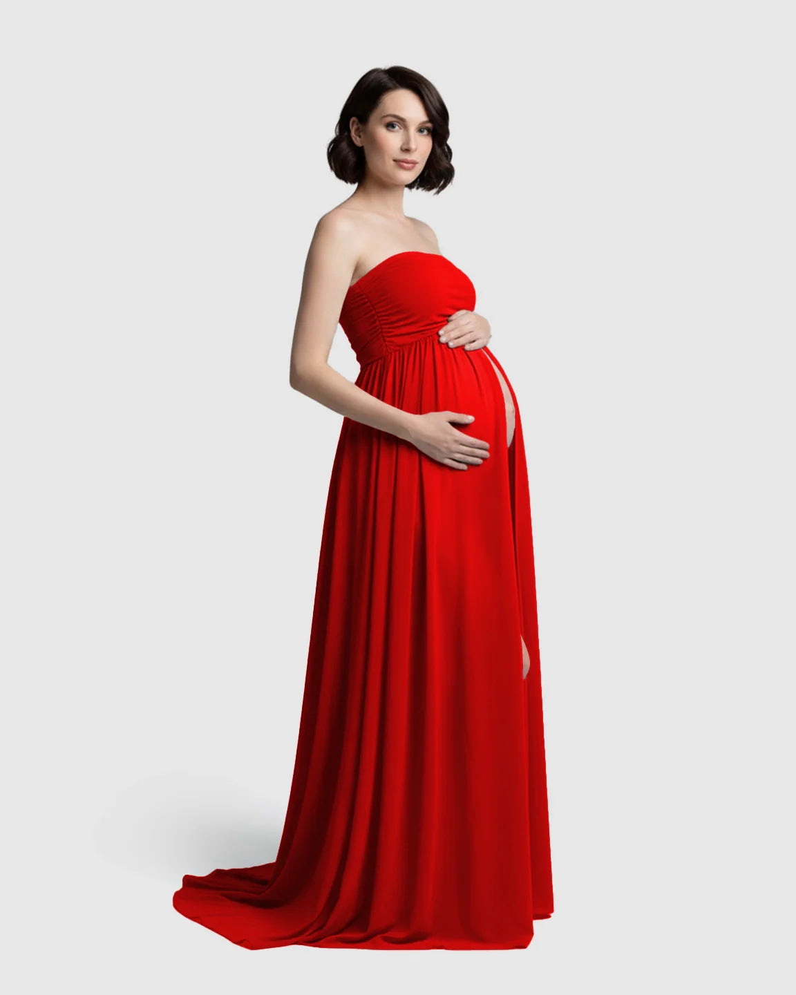 Bump Society – The Comfort Collection: Strapless Ruched Front Slit Maternity Photoshoot Dress