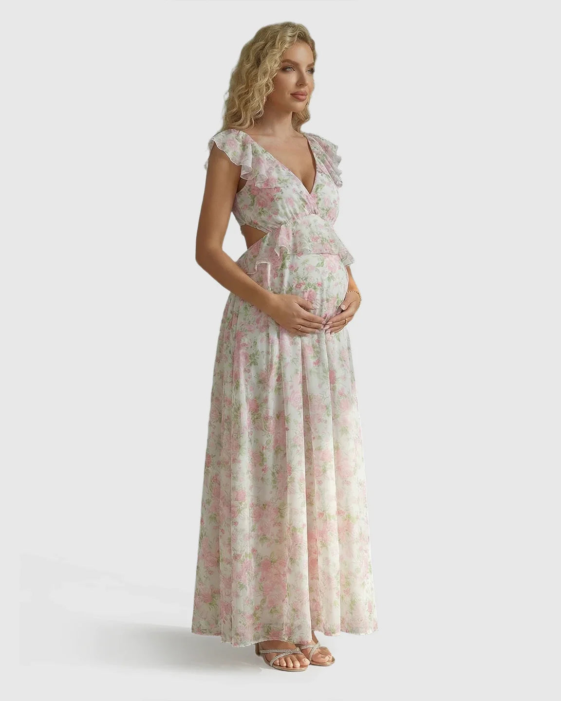 Bump Society – The Comfort Collection: Floral Ruffle Cap Sleeve Flowy Maternity Photoshoot Dress
