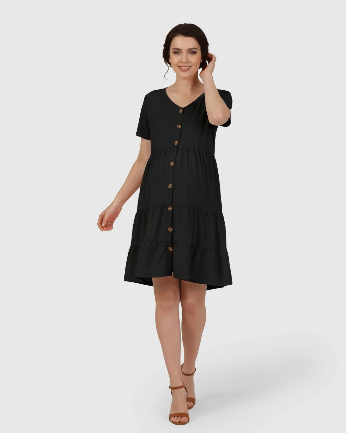 Bump Society – The Comfort Collection: Button Up Tiered Maternity Mini Dress