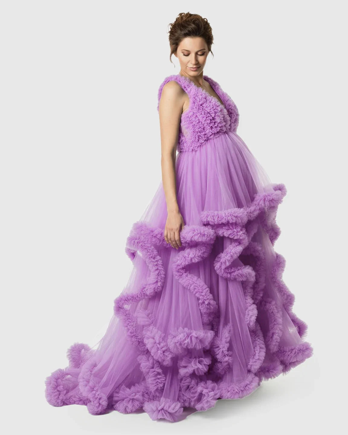 Bump Society – The Comfort Collection: Ruffled Bodice Multi-Layer Mesh Pleats Maternity Gown