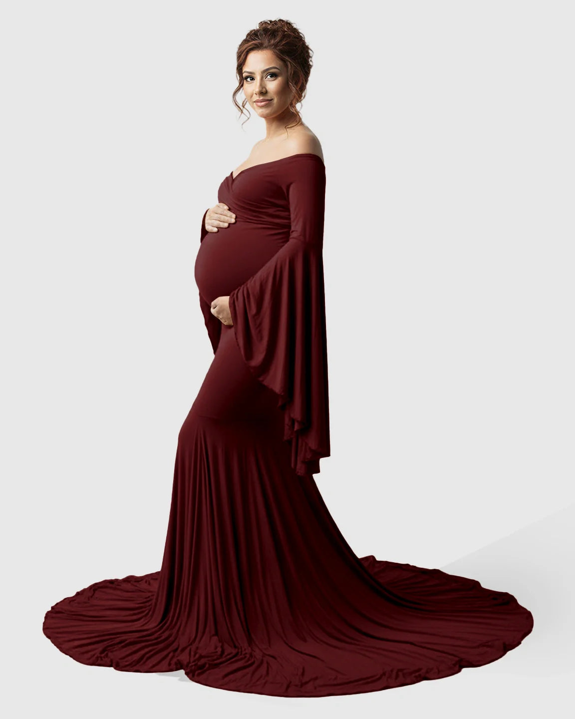 Bump Society – The Comfort Collection: Flared Sleeve Fishtail Train Maternity Photoshoot Dress