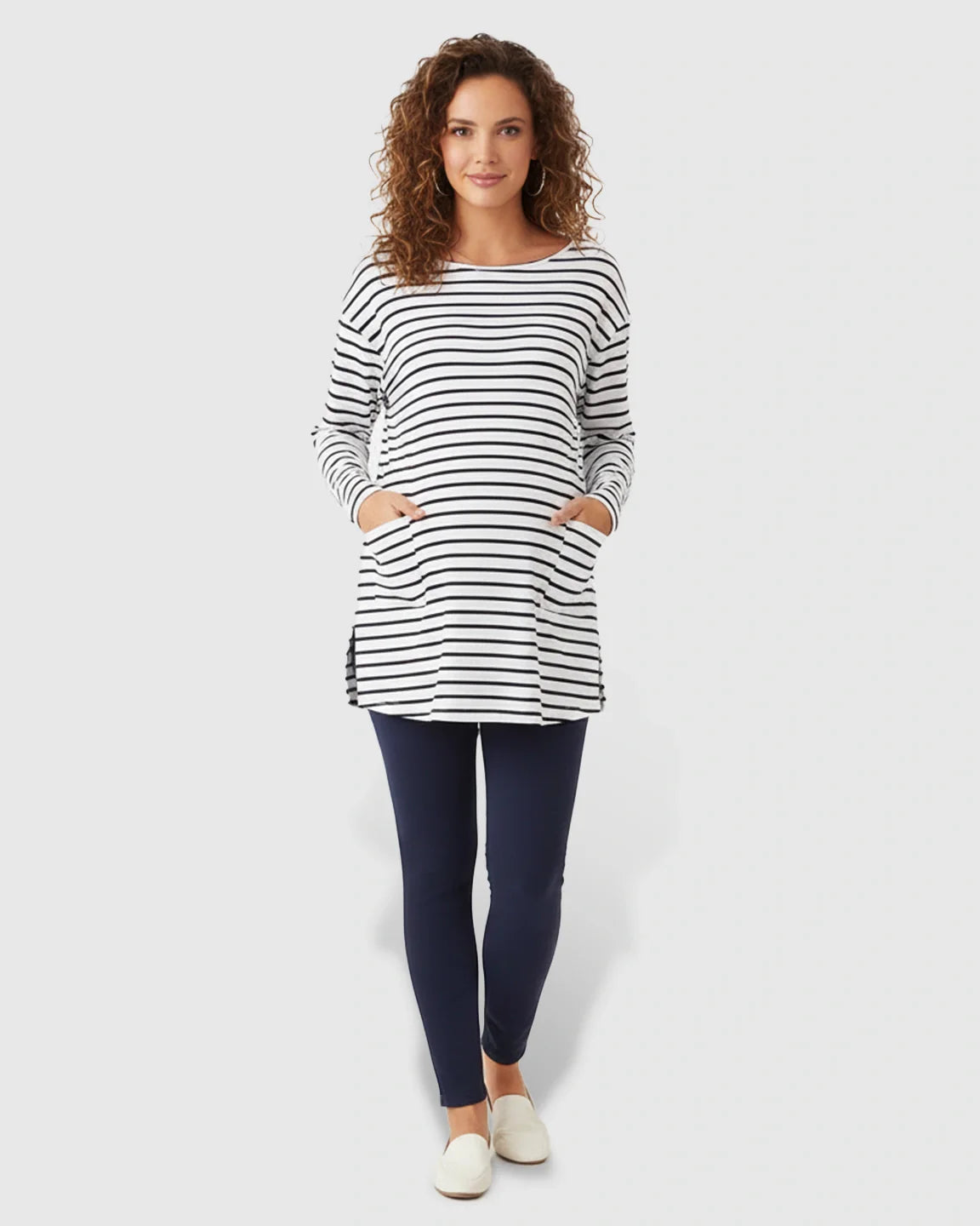 The Comfort Collection: Striped Round Neck Long Sleeve Maternity Top With Pockets