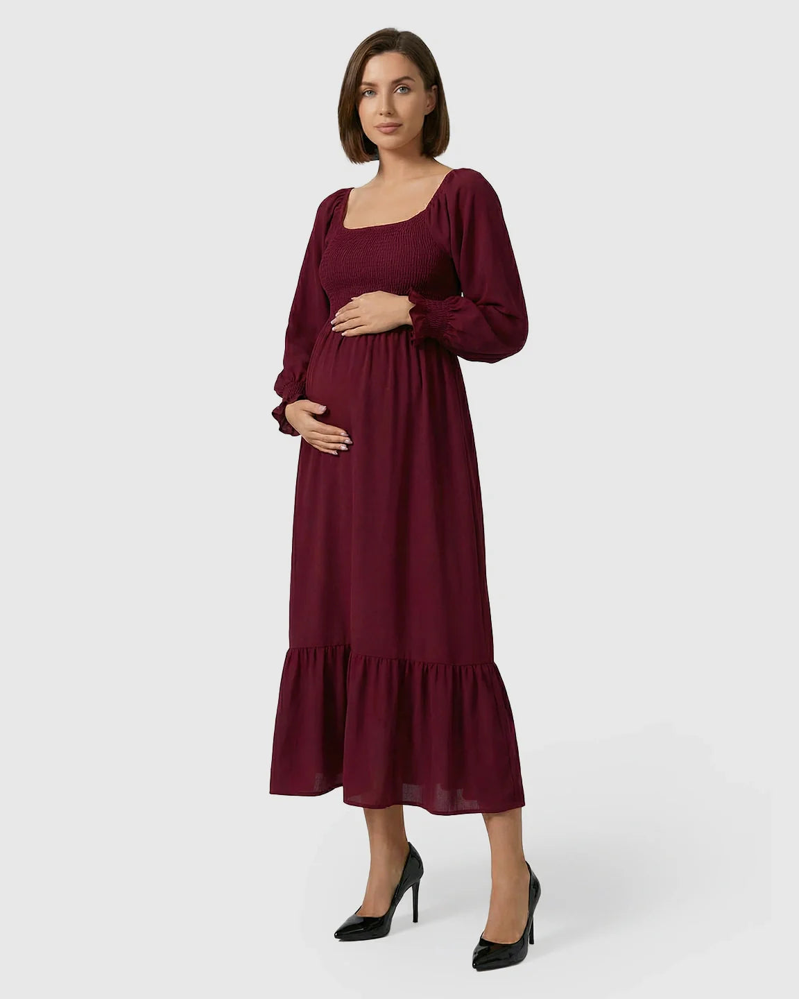 Bump Society – The Comfort Collection: Smocked Square Neck Ruffled Hem Maternity Maxi Dress