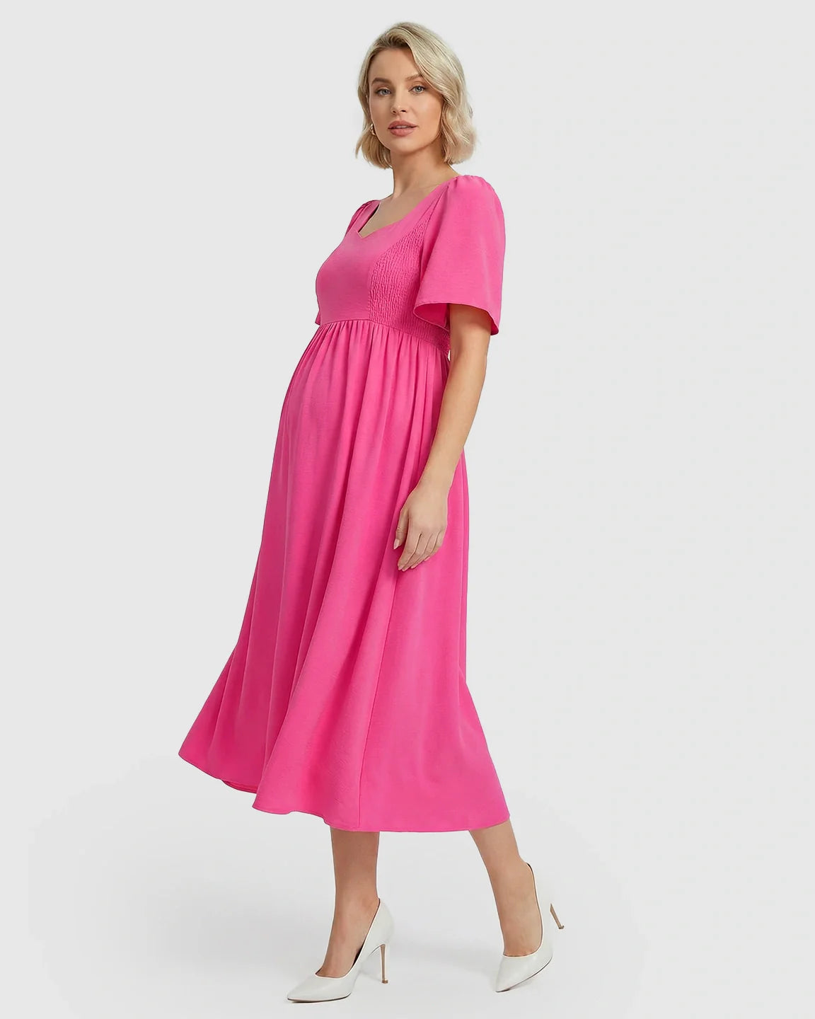Bump Society – The Comfort Collection: Shirred Ruffle Sleeve Swing Maternity Midi Dress