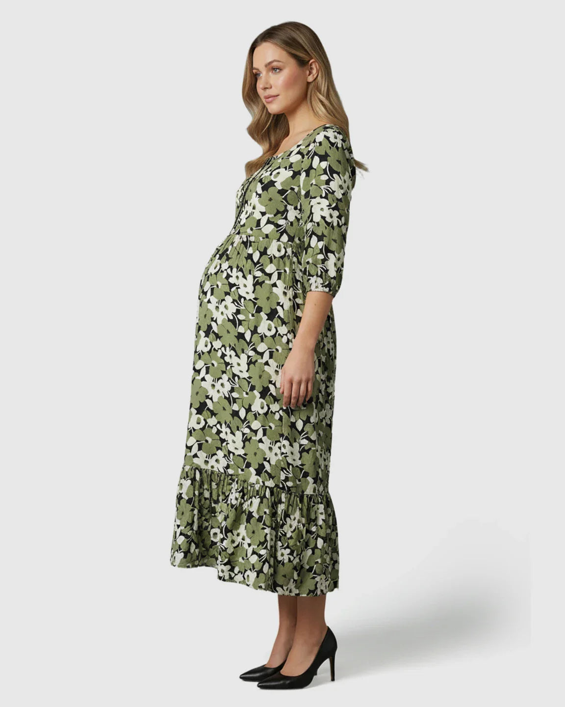 Bump Society – The Comfort Collection: Button Front Square Neck Maternity Midi Dress