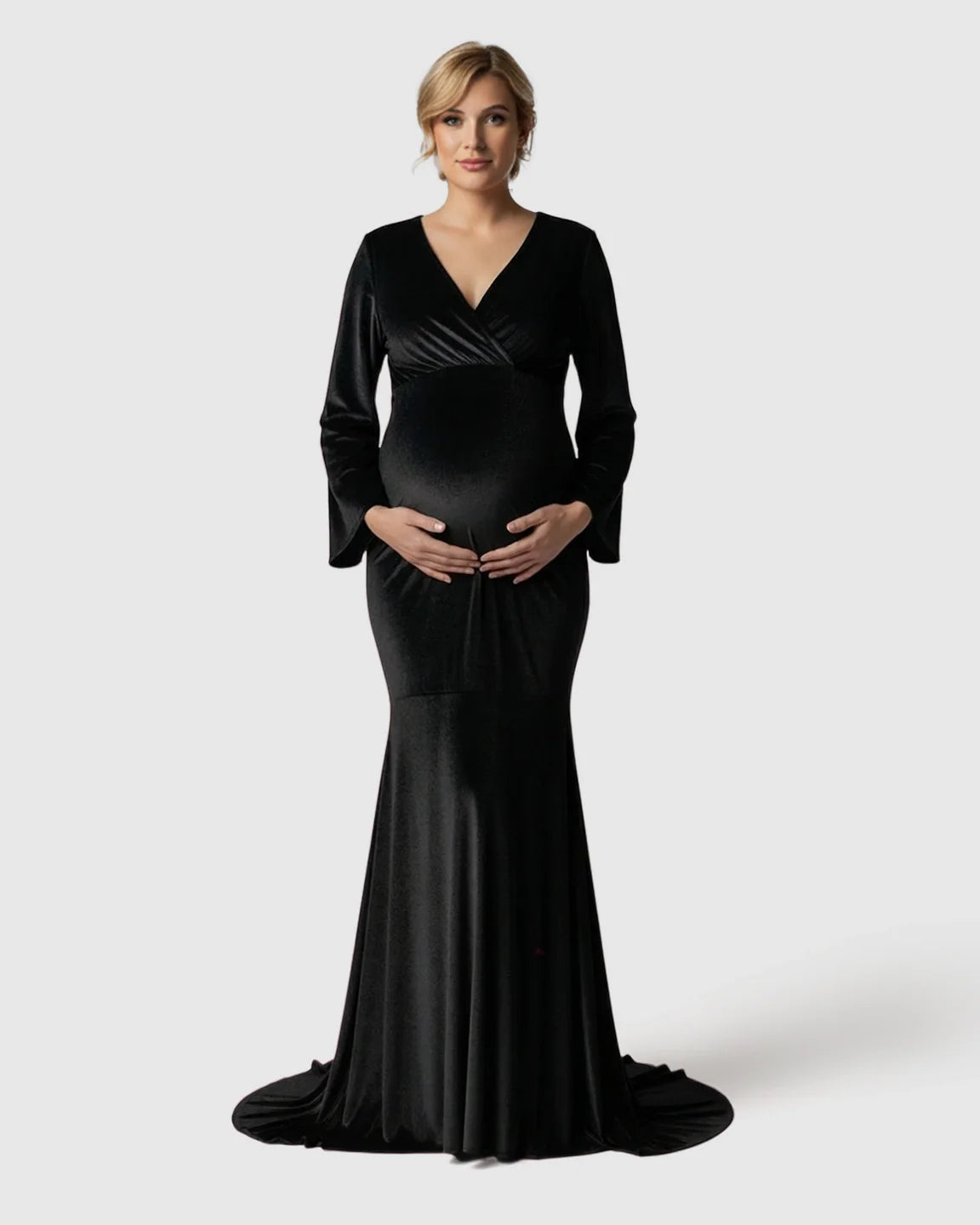 Bump Society – The Comfort Collection: Long-Sleeve Mermaid Train Maternity Photoshoot Gown