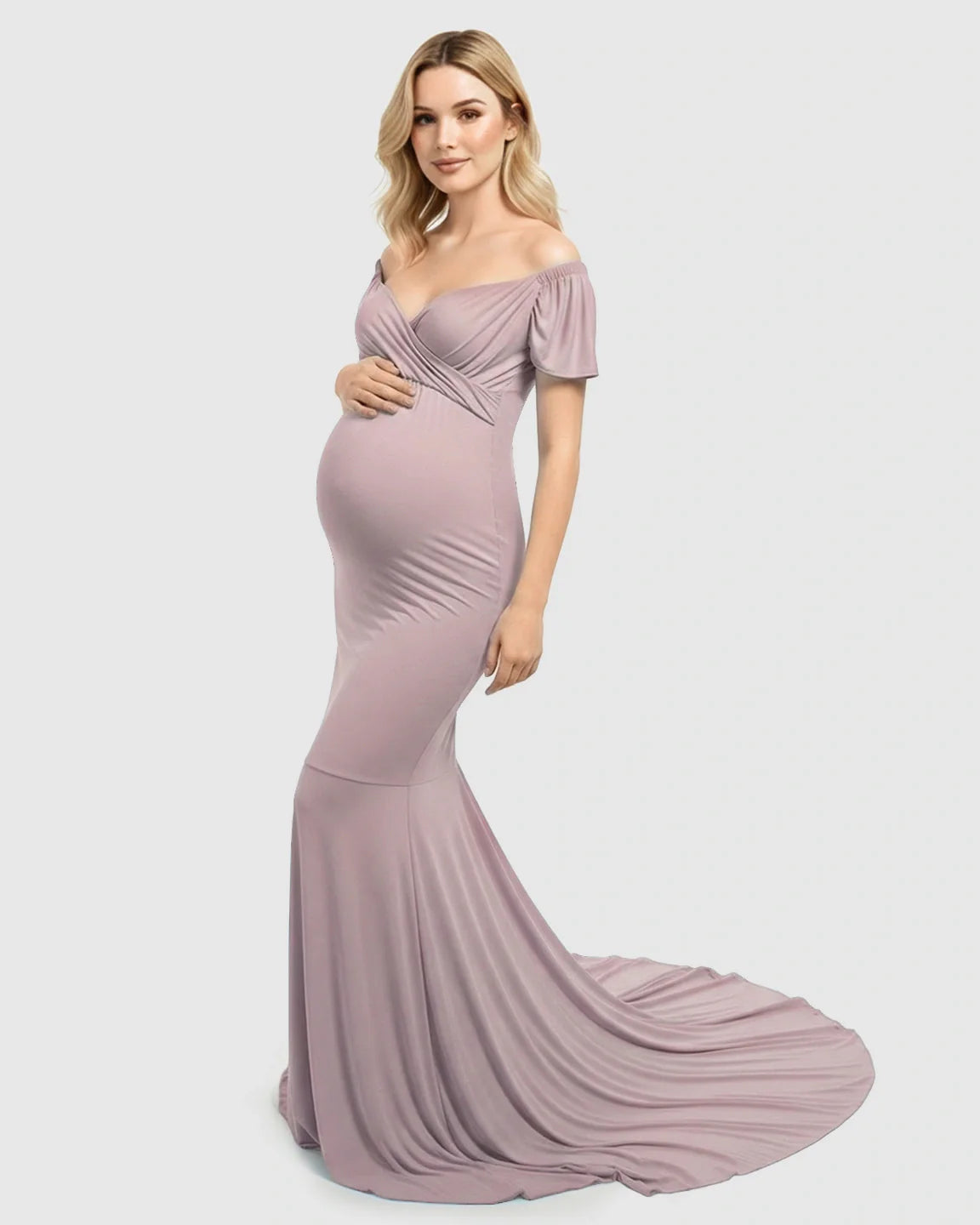 Bump Society – The Comfort Collection: Off-Shoulder Fitted Mermaid Style Maternity Photoshoot Gown