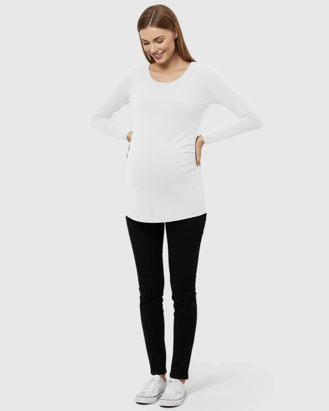 Bump Society – The Comfort Collection: Side Ruched Slim Fit Long Sleeve Maternity Top