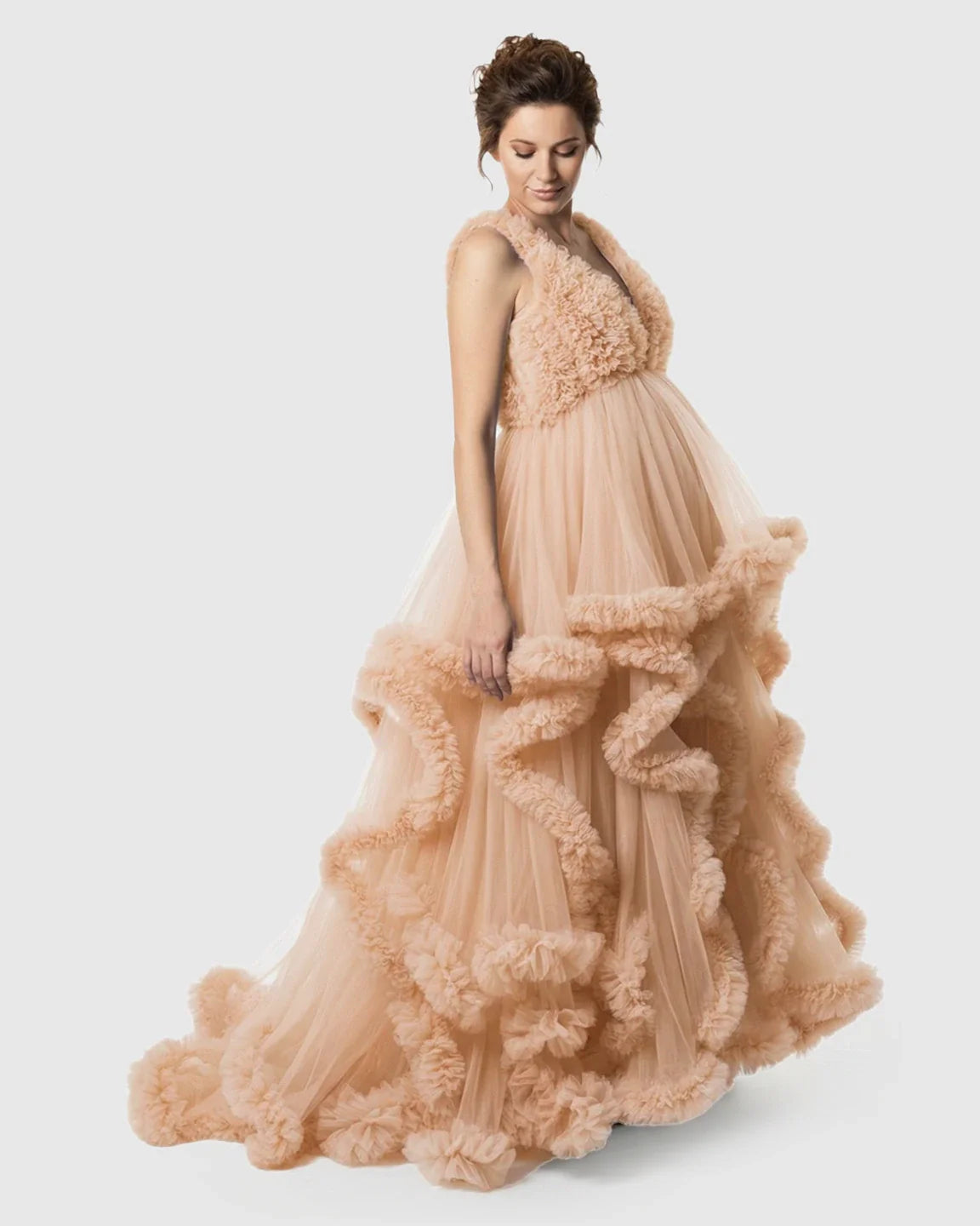 Bump Society – The Comfort Collection: Ruffled Bodice Multi-Layer Mesh Pleats Maternity Gown
