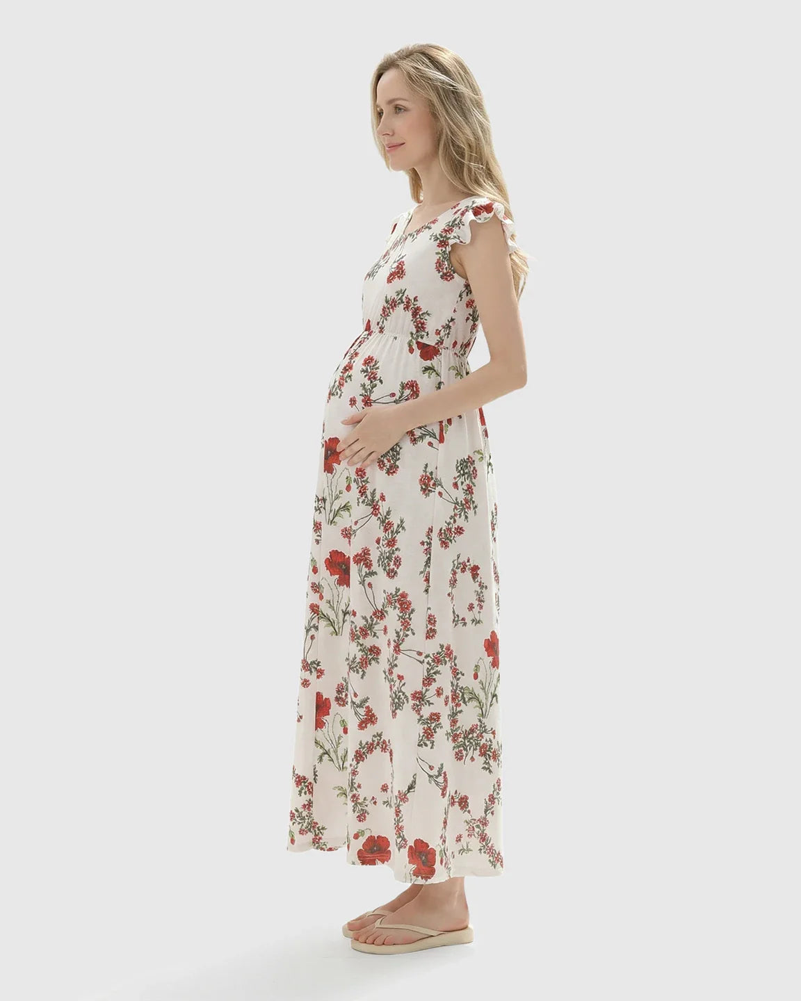 Bump Society – The Comfort Collection: Ruffle Shoulder Floral Maternity Maxi Dress