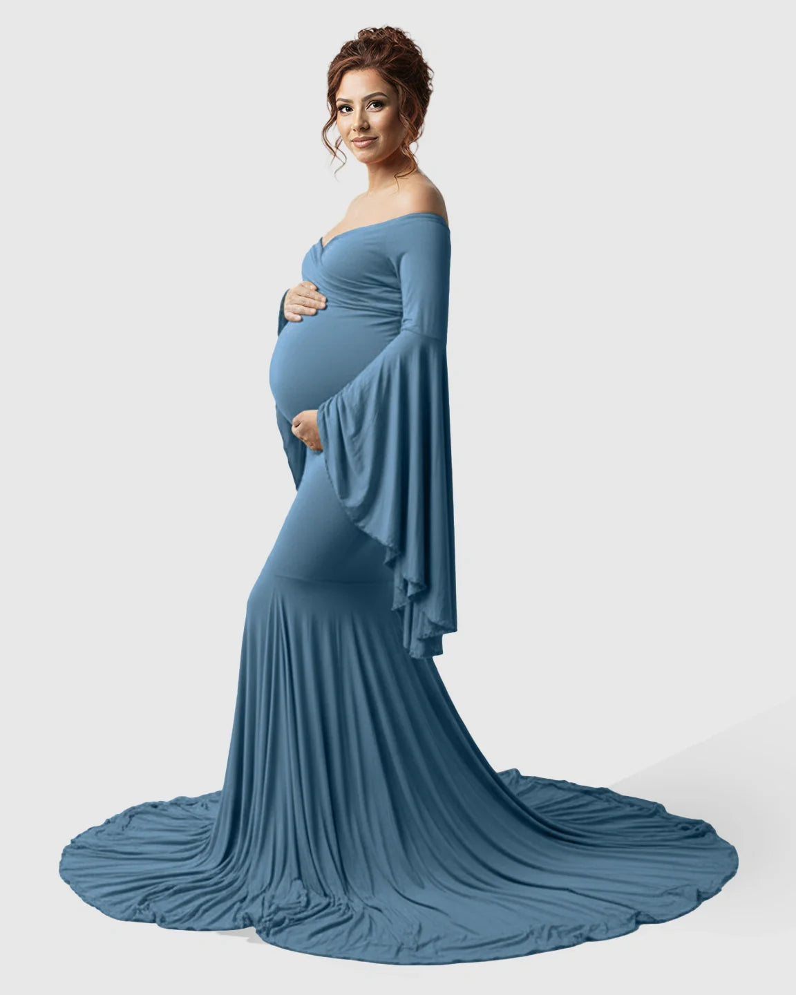 Bump Society – The Comfort Collection: Flared Sleeve Fishtail Train Maternity Photoshoot Dress