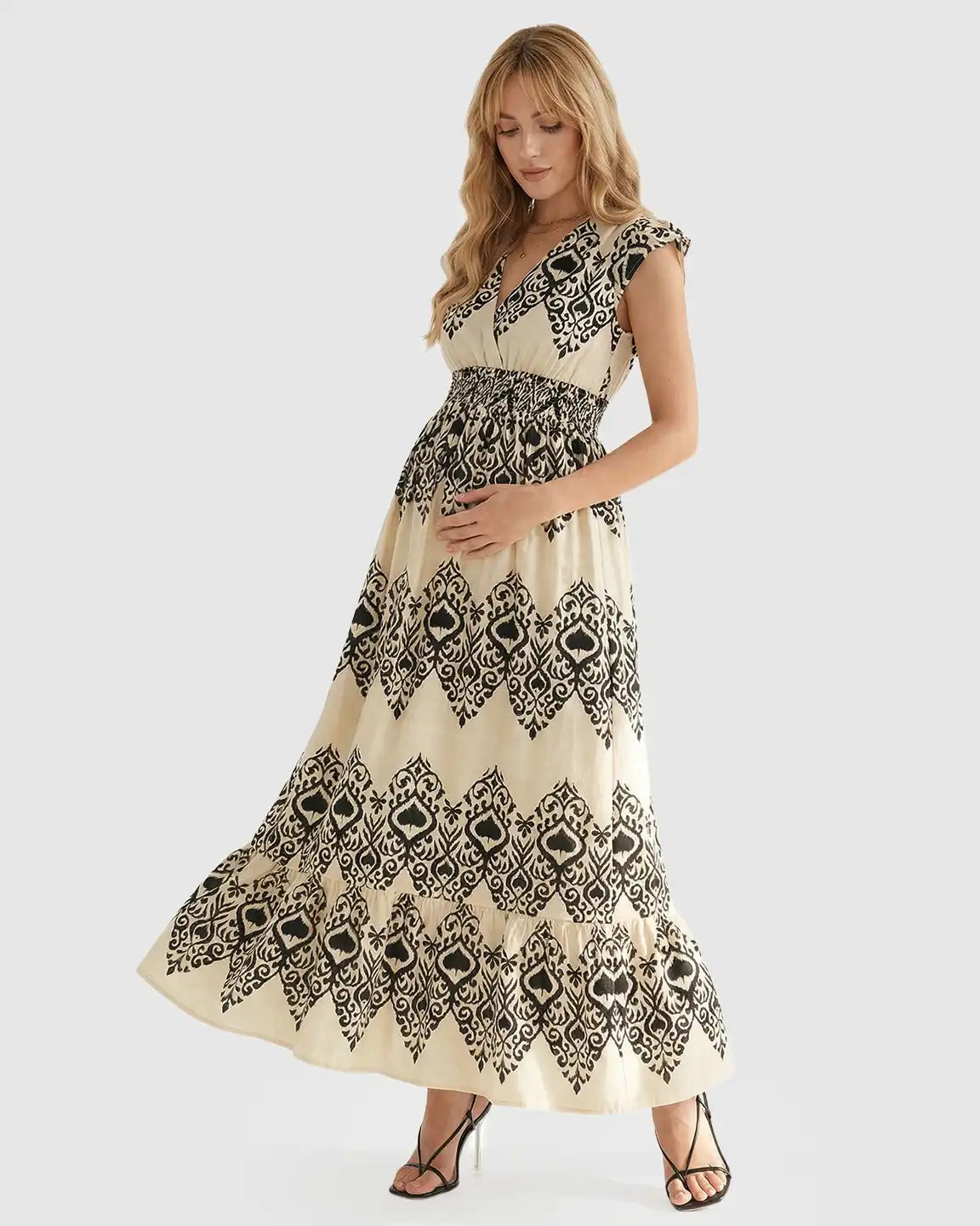 Bump Society – The Comfort Collection: V-neck Ethnic Print Maternity Maxi Dress