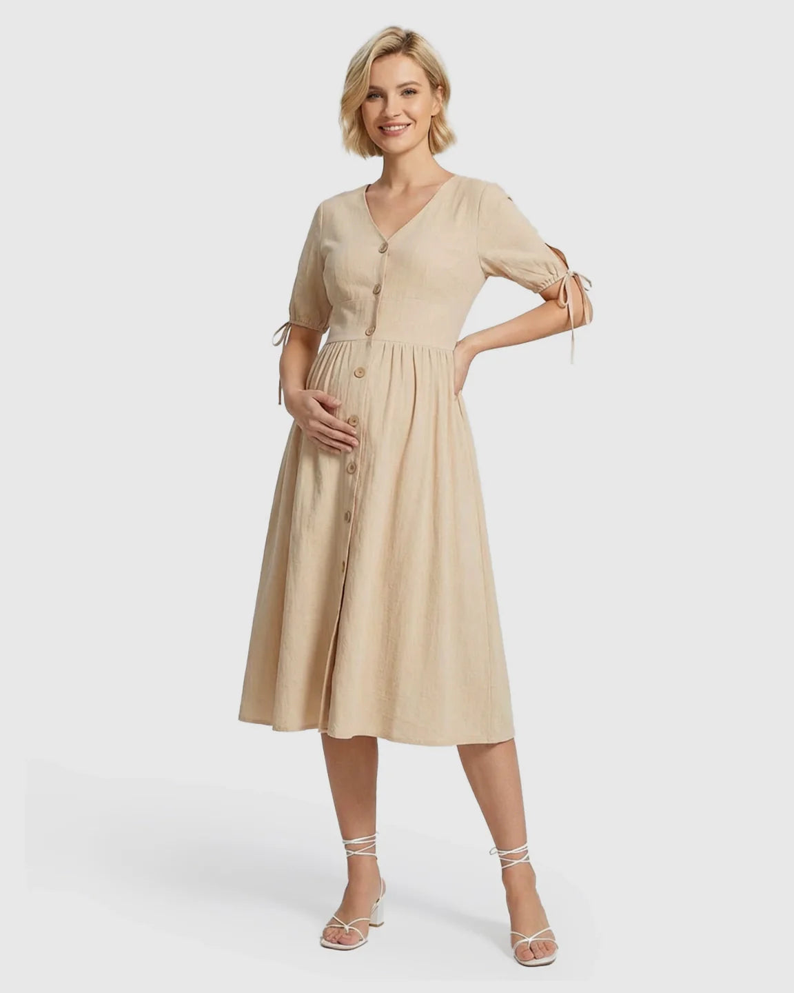 Bump Society – The Comfort Collection: Tie Sleeve A-Line Maternity Midi Dress