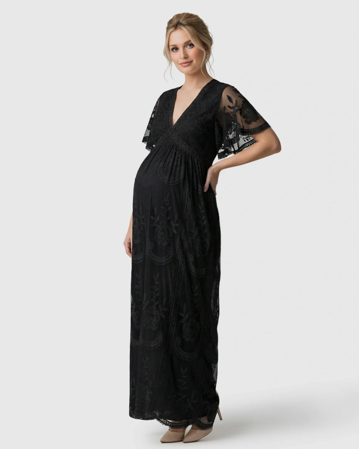 Bump Society – The Comfort Collection: Sheer-Lace Romantic Maternity Maxi Dress
