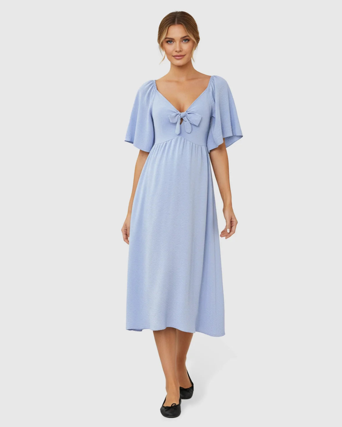 Bump Society – The Comfort Collection: Tie-Knot Front Swing Silhouette Maternity Midi Dress