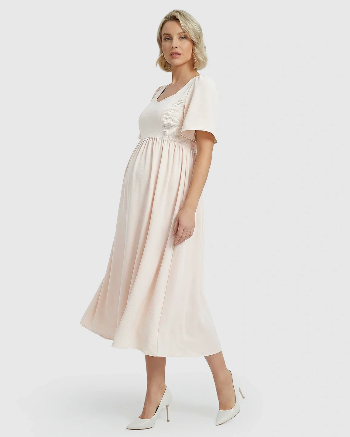 Bump Society – The Comfort Collection: Shirred Ruffle Sleeve Swing Maternity Midi Dress