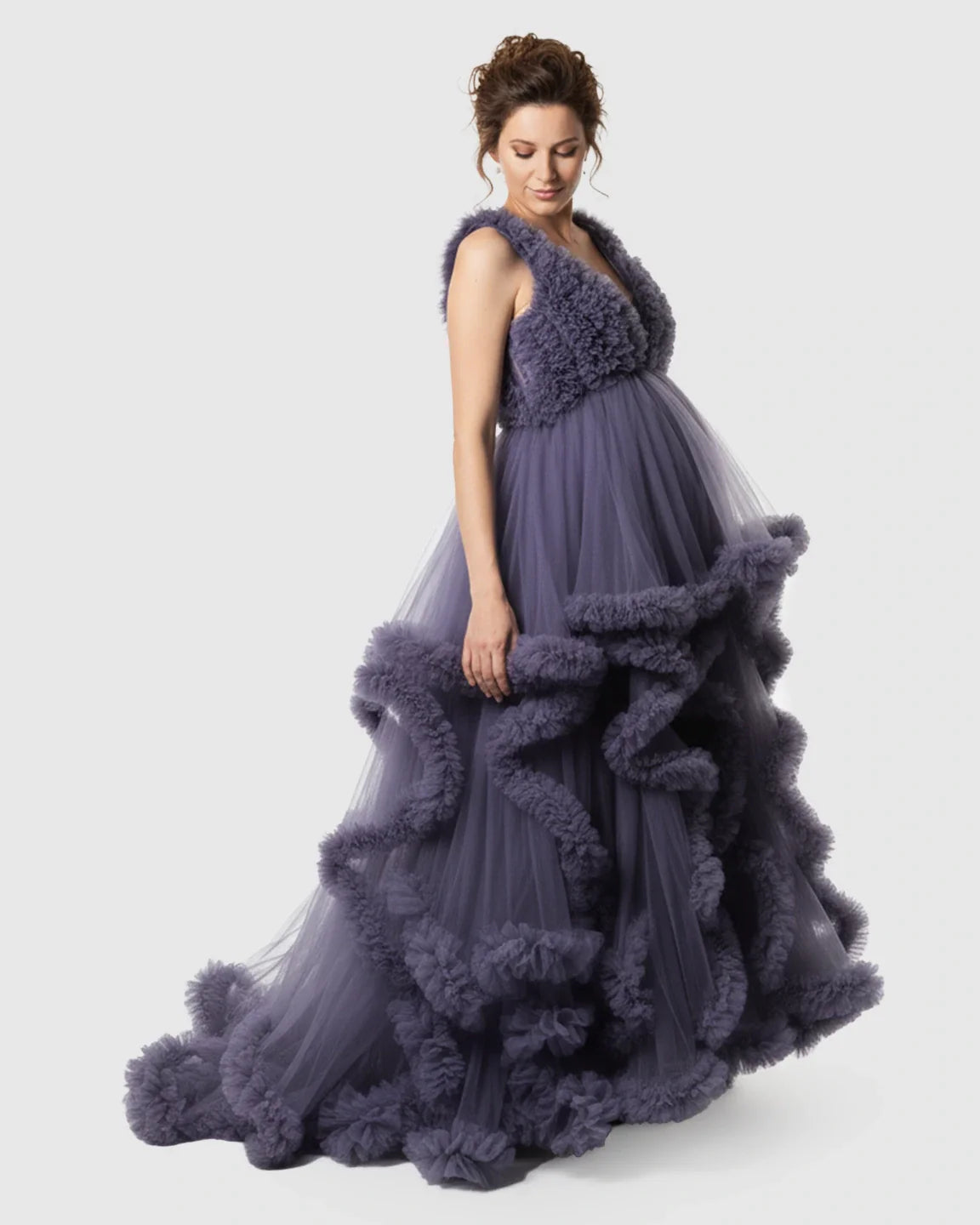 Bump Society – The Comfort Collection: Ruffled Bodice Multi-Layer Mesh Pleats Maternity Gown