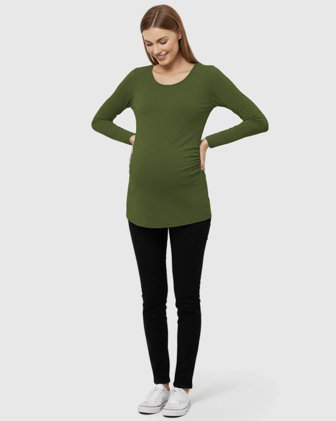 Bump Society – The Comfort Collection: Side Ruched Slim Fit Long Sleeve Maternity Top