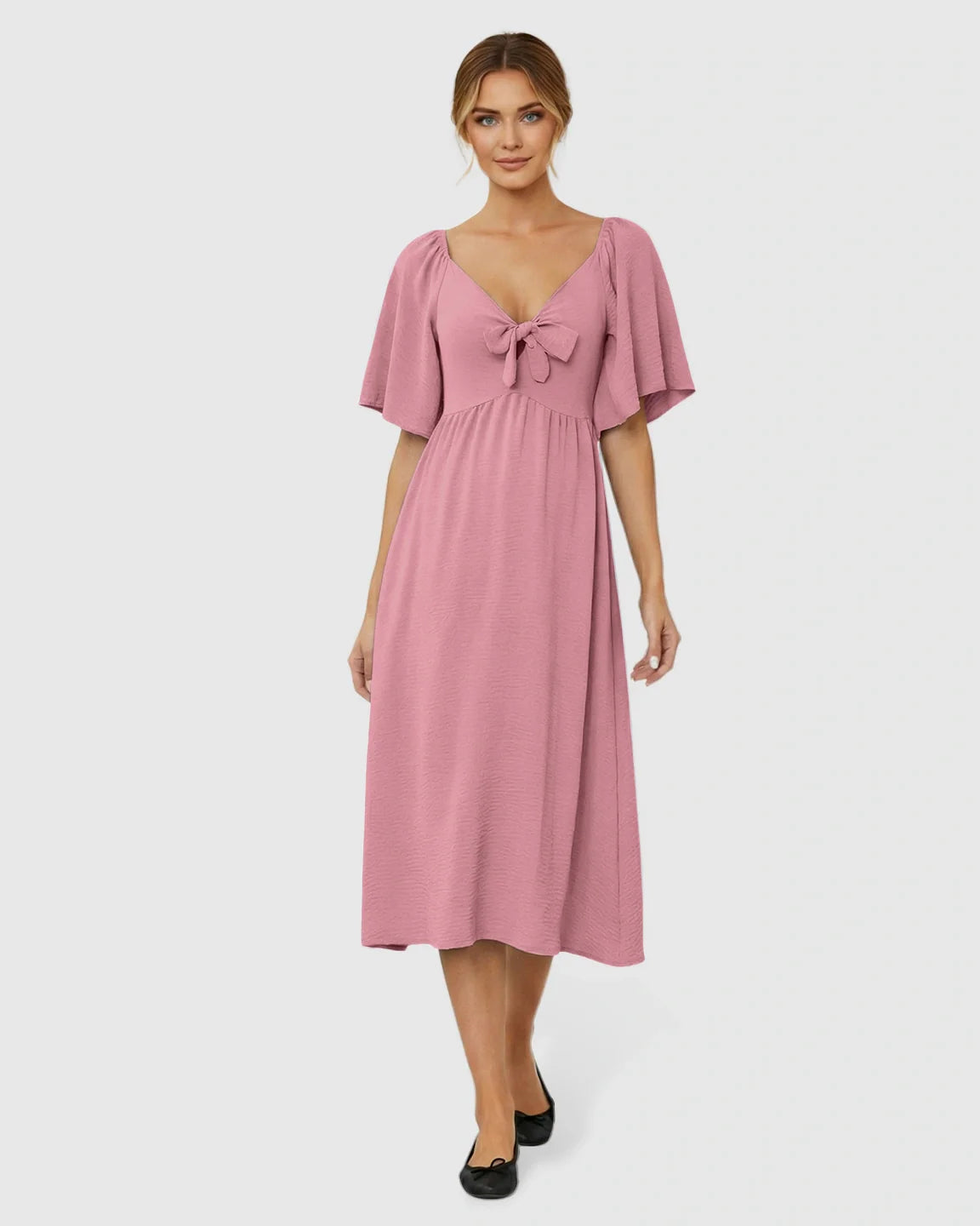 Bump Society – The Comfort Collection: Tie-Knot Front Swing Silhouette Maternity Midi Dress
