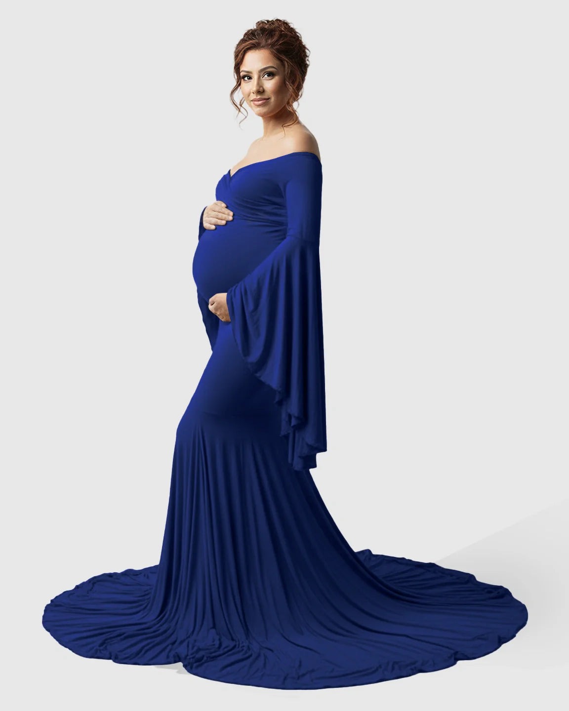 Bump Society – The Comfort Collection: Flared Sleeve Fishtail Train Maternity Photoshoot Dress