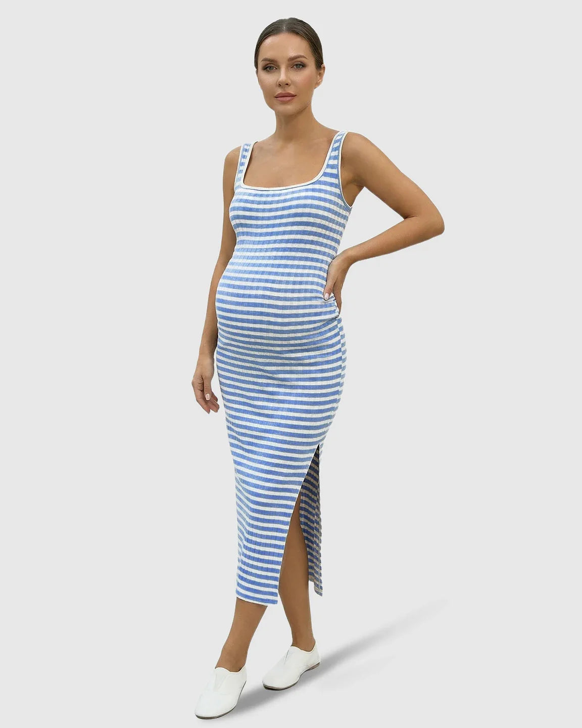 Bump Society – The Comfort Collection: Striped Side Slit Maternity Midi Dress