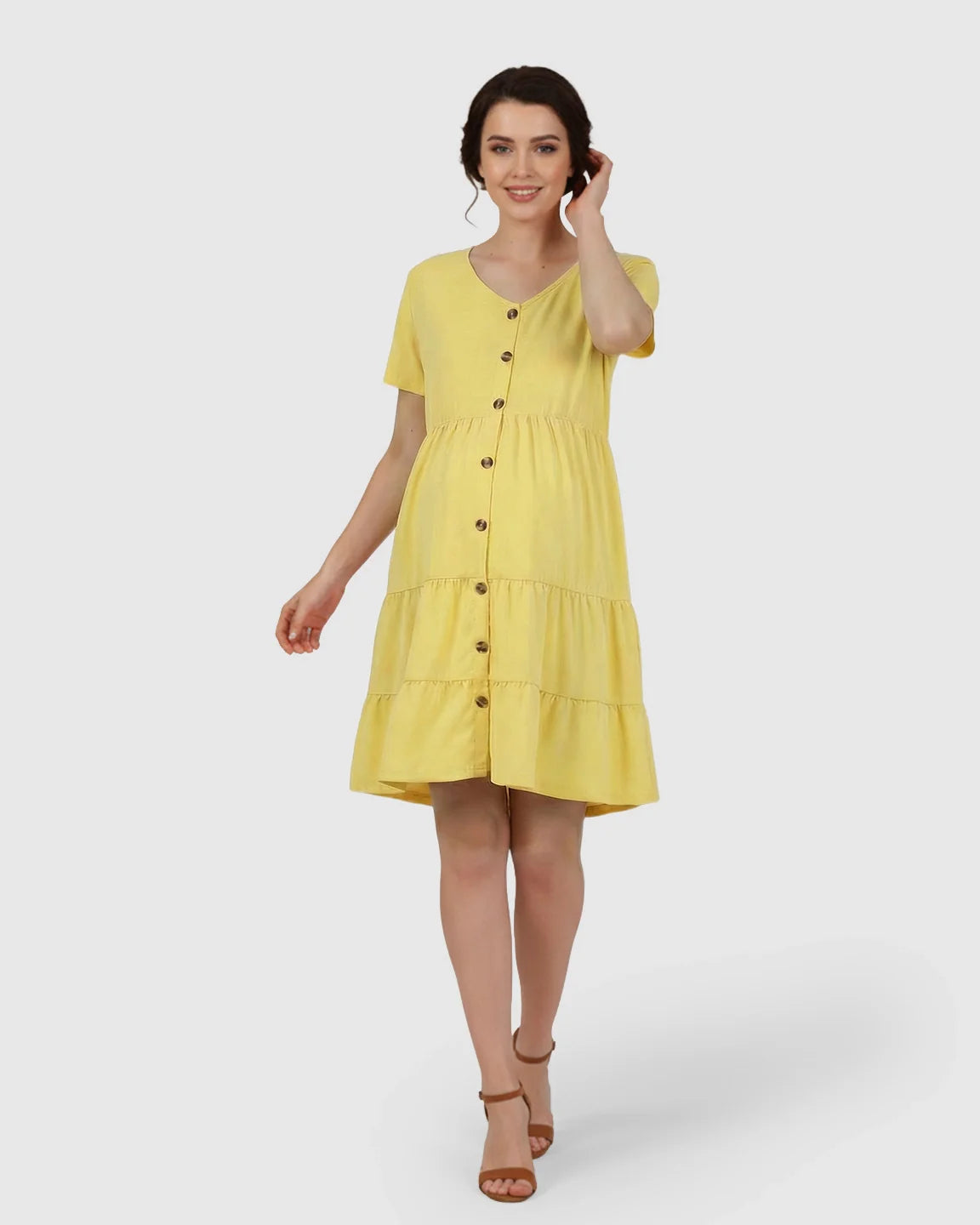 Bump Society – The Comfort Collection: Button Up Tiered Maternity Mini Dress