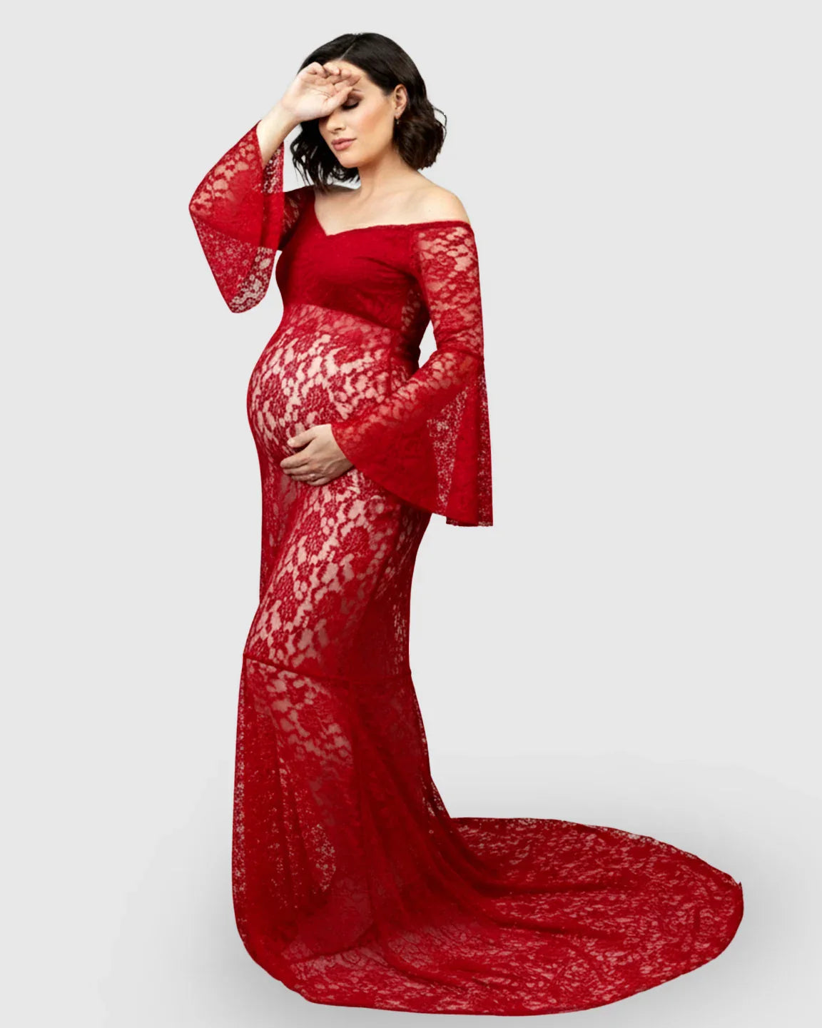 Bump Society – The Comfort Collection: Bell Lace Sleeve Trailing Maternity Gown