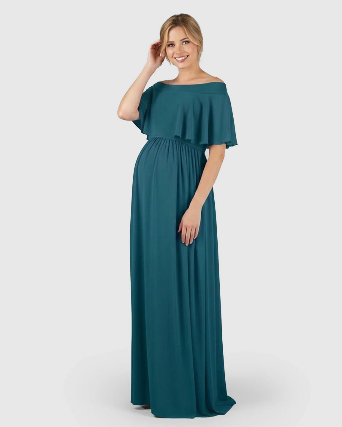 Teal chiffon off-shoulder maternity photoshoot dress with a ruffled neckline and flowy silhouette.