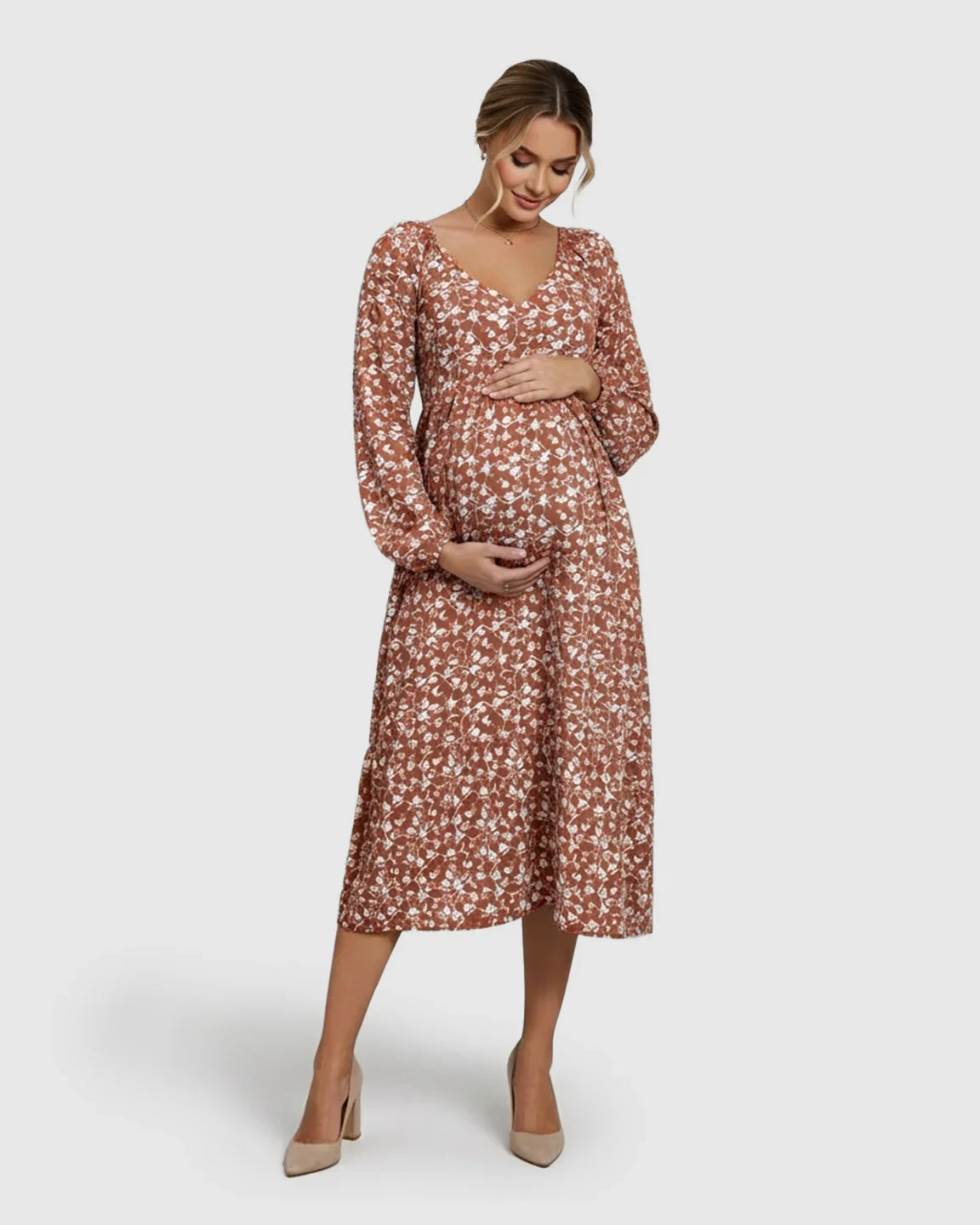 Bump Society – The Comfort Collection: Floral Print Chiffon Flowing Maternity Midi Dress