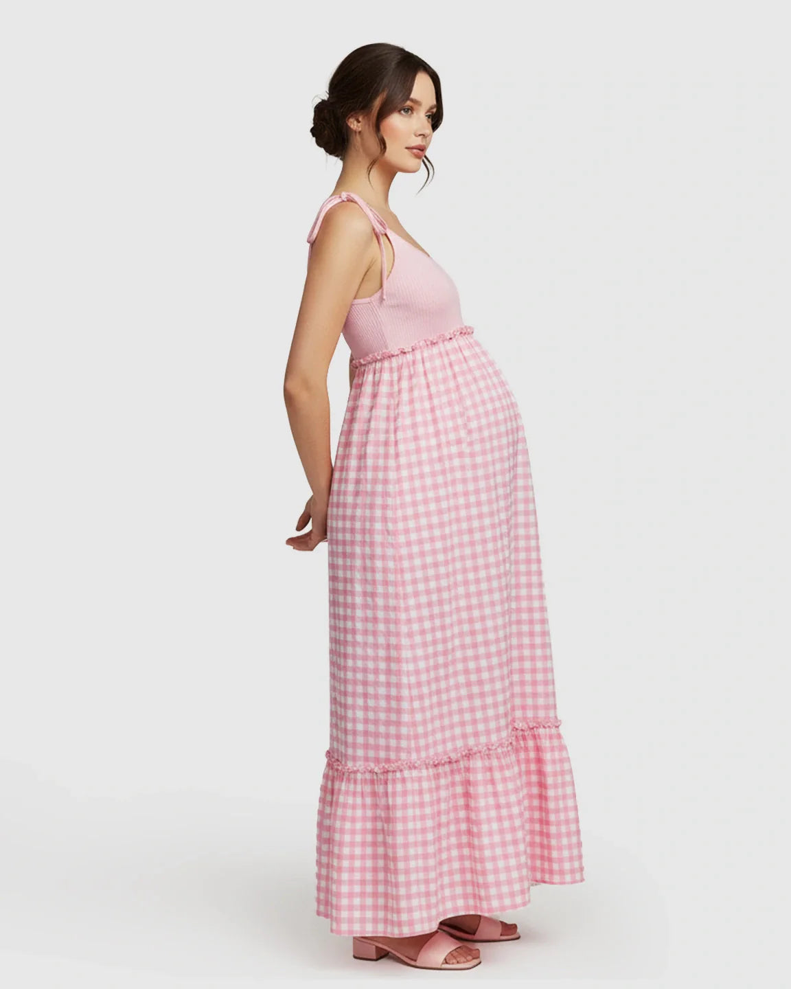 Bump Society – The Comfort Collection: Spaghetti Strap Plaid Patchwork Maternity Maxi Dress