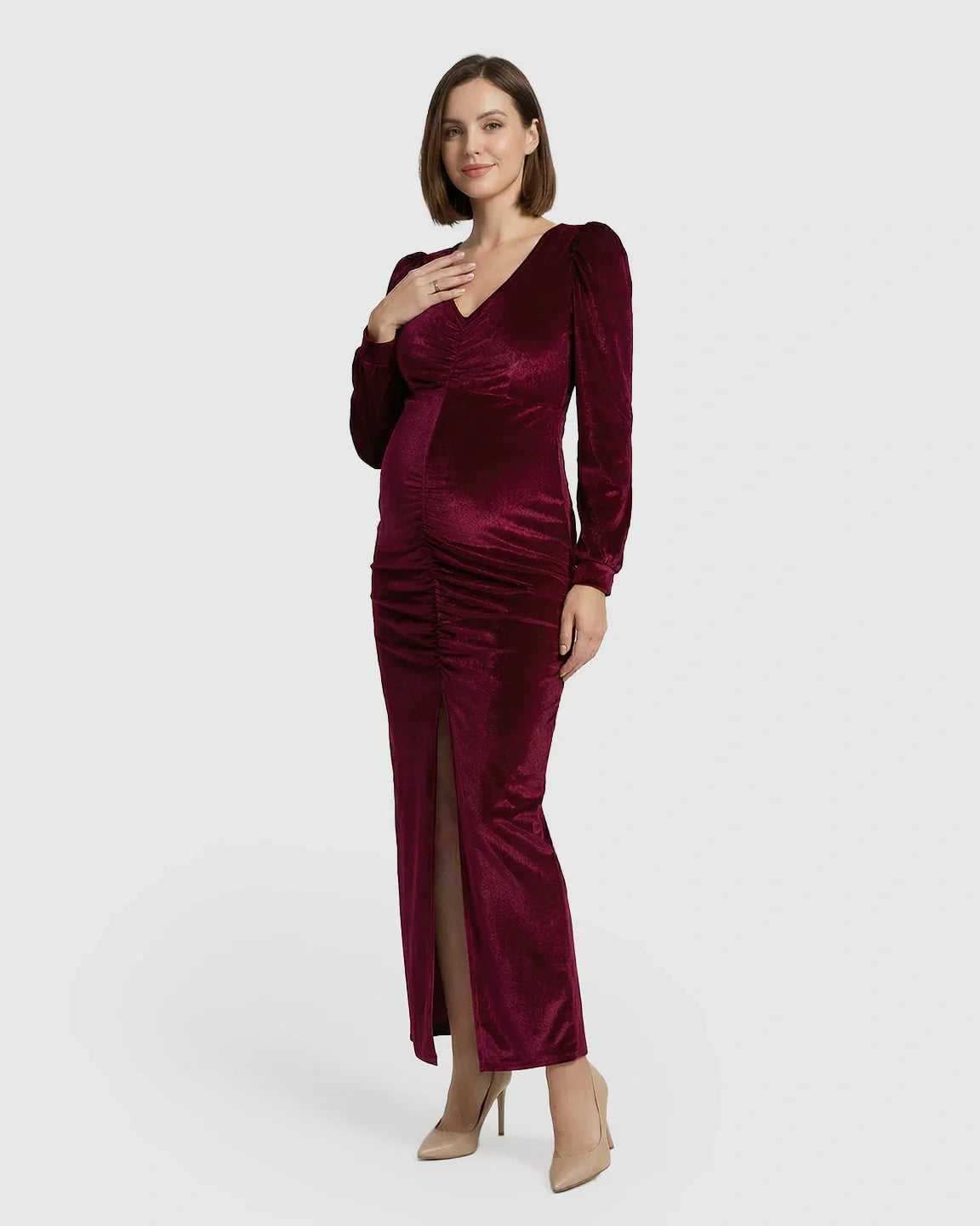 Bump Society – The Comfort Collection: Puffed Velvet Sleeves Bodycon Maternity Evening Gown