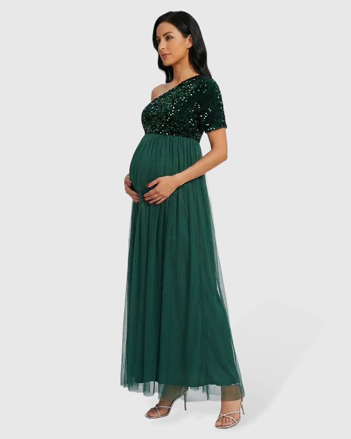 Bump Society – The Comfort Collection: Sequin One-Shoulder Flowy Maternity Maxi Dress