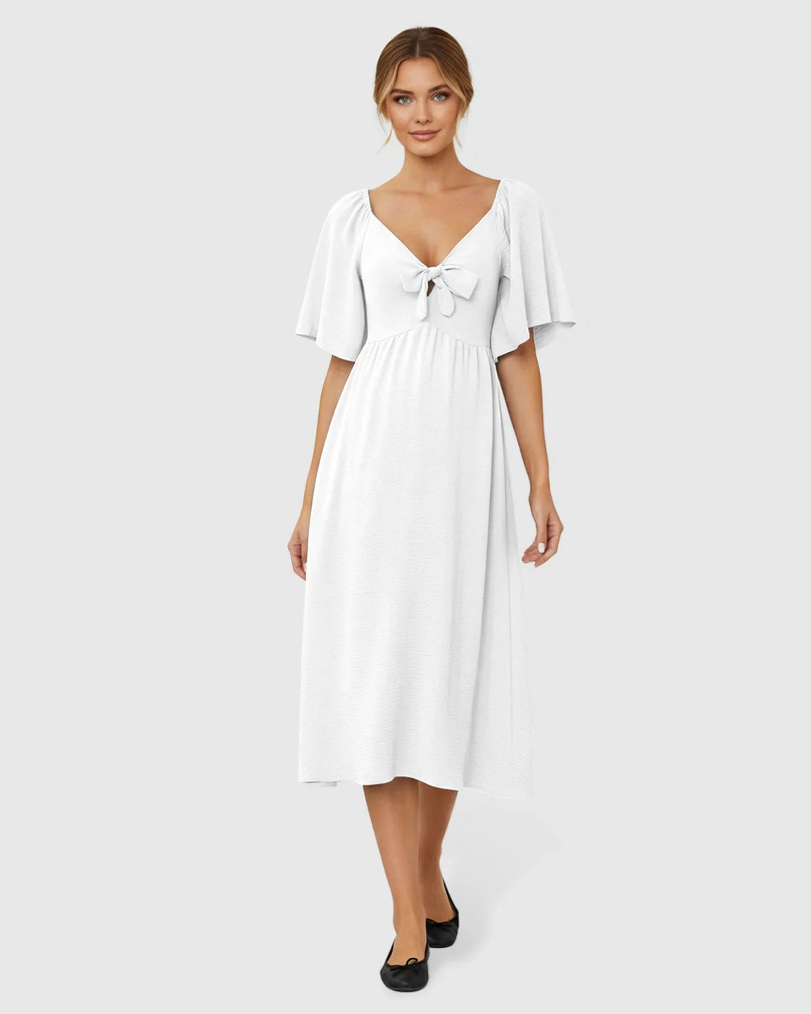 Bump Society – The Comfort Collection: Tie-Knot Front Swing Silhouette Maternity Midi Dress
