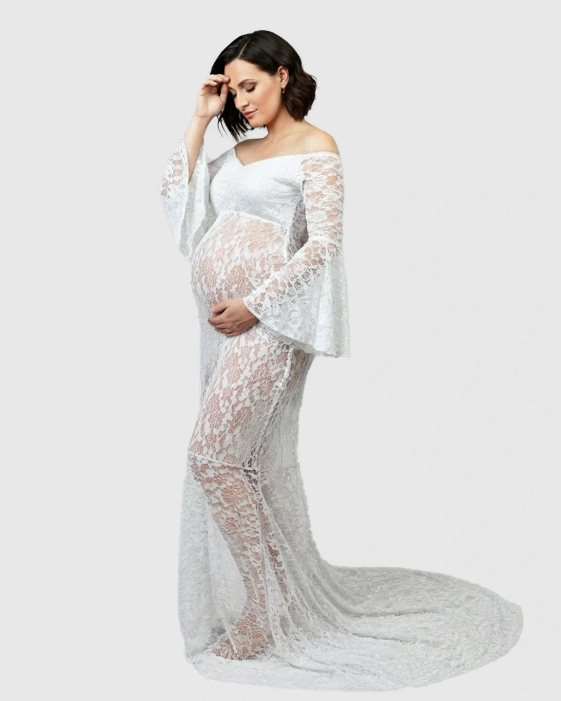Bump Society – The Comfort Collection: Bell Lace Sleeve Trailing Maternity Gown