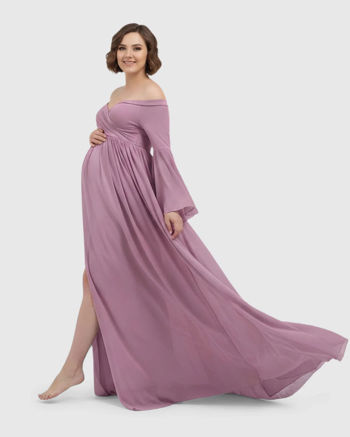 Mauve off-shoulder maternity gown with bell sleeves, long train, and high slit, worn by a smiling pregnant woman.