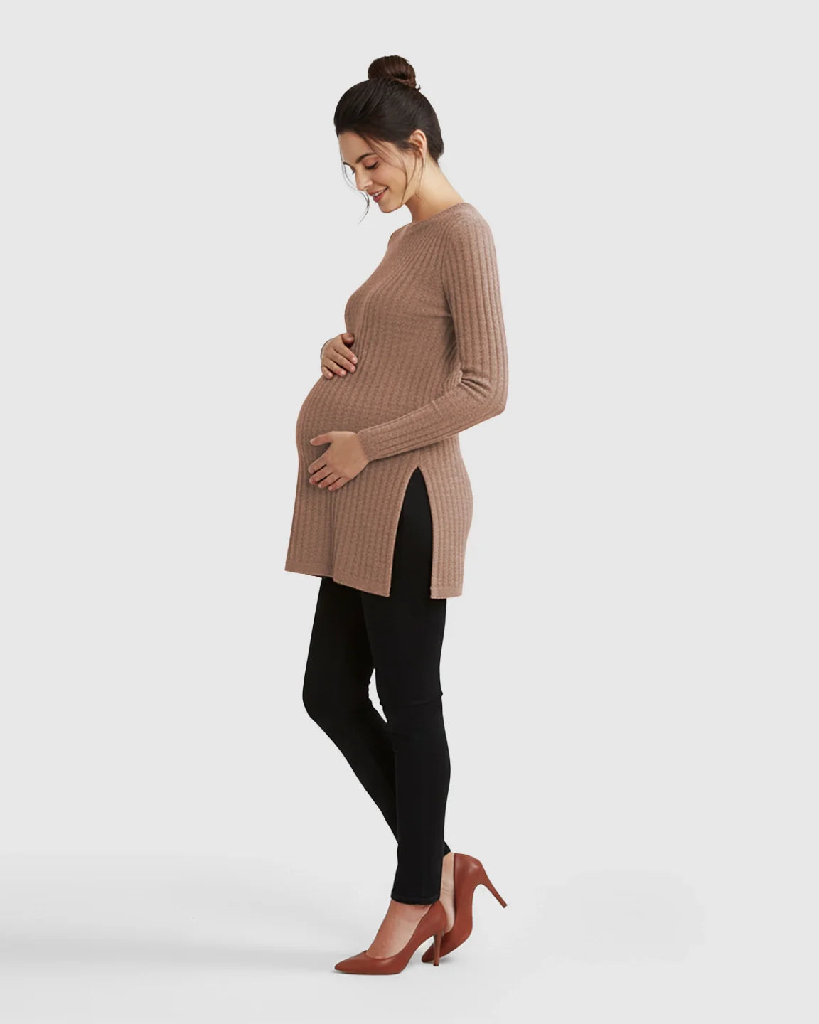 Bump Society – The Comfort Collection: Ribbed Knit Side-Slit Long Sleeve Maternity Top
