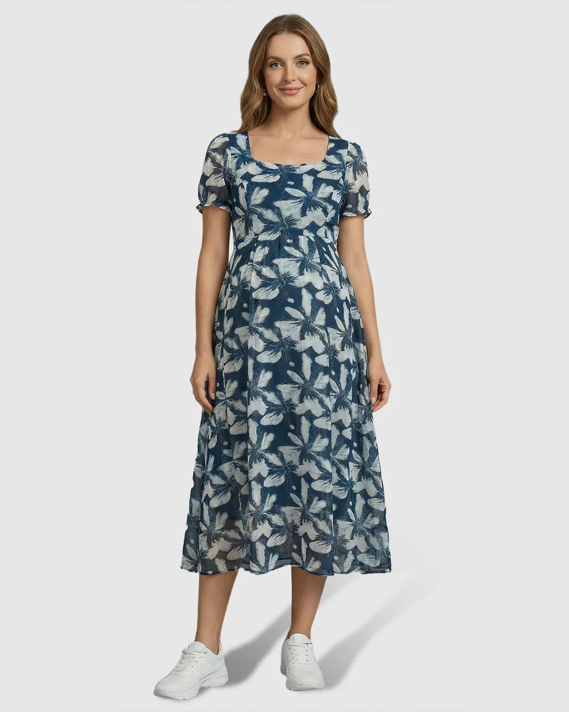Bump Society – The Comfort Collection: Square Neckline Floral Mid-Waist Cut Maternity Midi Dress