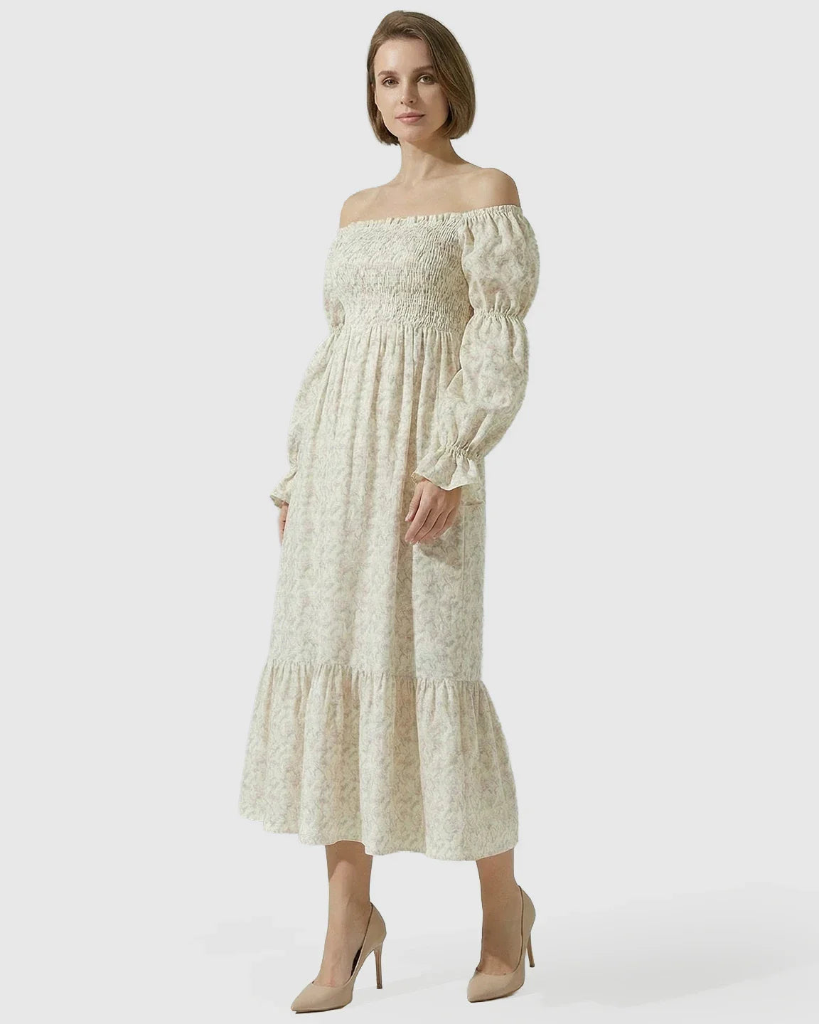 Bump Society – The Comfort Collection: Puffed Long-Sleeve Tiered Skirt Maternity Maxi Dress