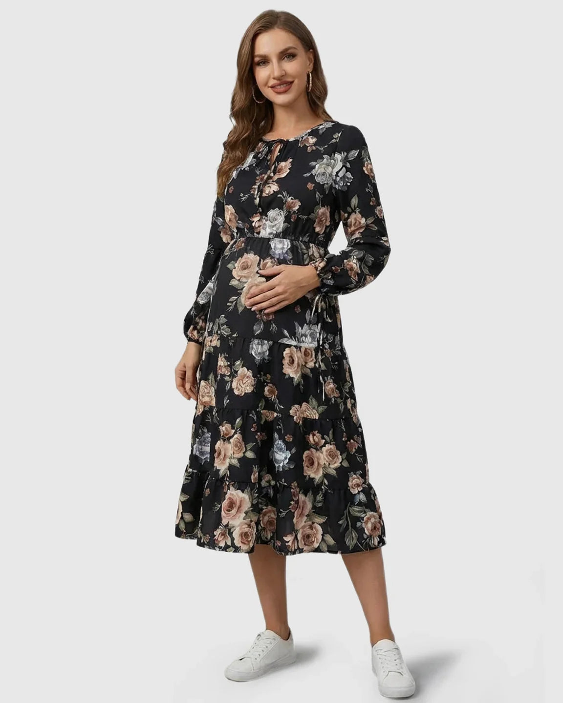Bump Society – The Comfort Collection: Floral Tiered Hem Boho Maternity Midi Dress