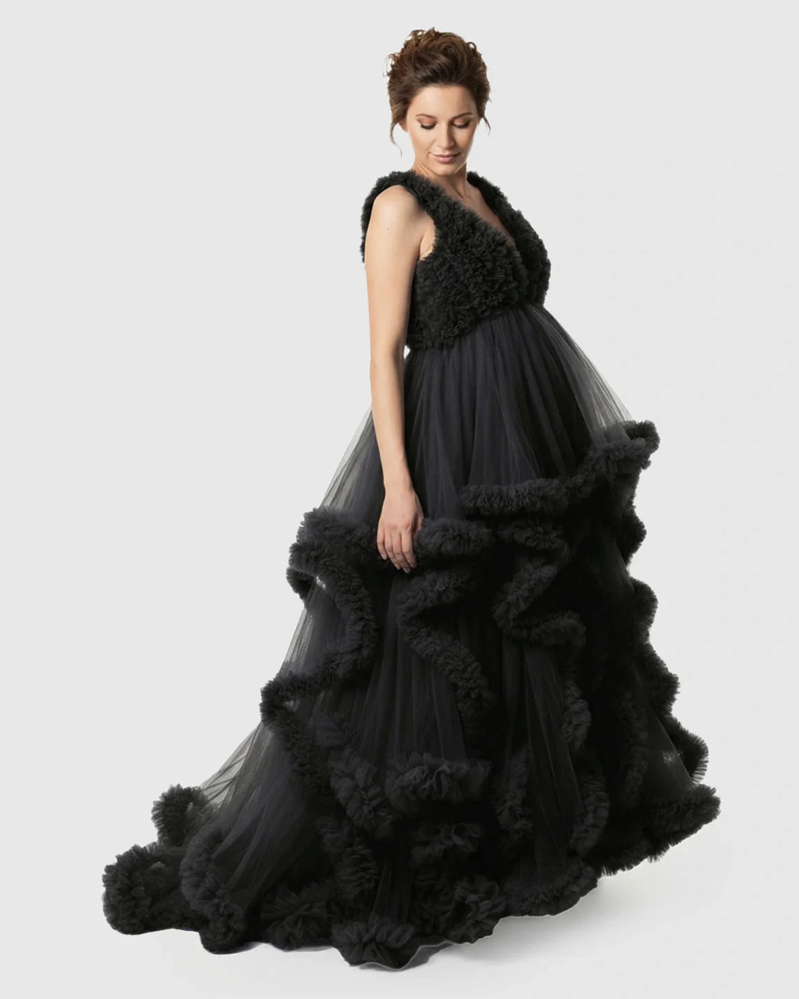 Bump Society – The Comfort Collection: Ruffled Bodice Multi-Layer Mesh Pleats Maternity Gown