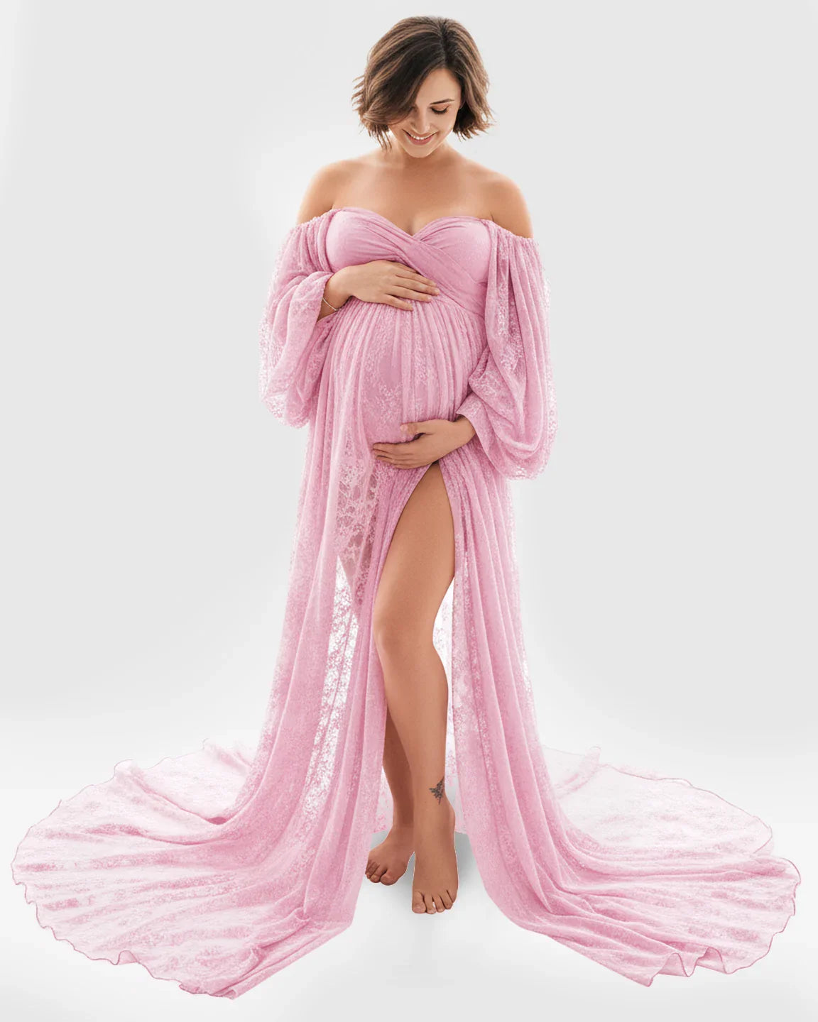 Bump Society – The Comfort Collection: Sheer Lace Flowy Maternity Photoshoot Gown