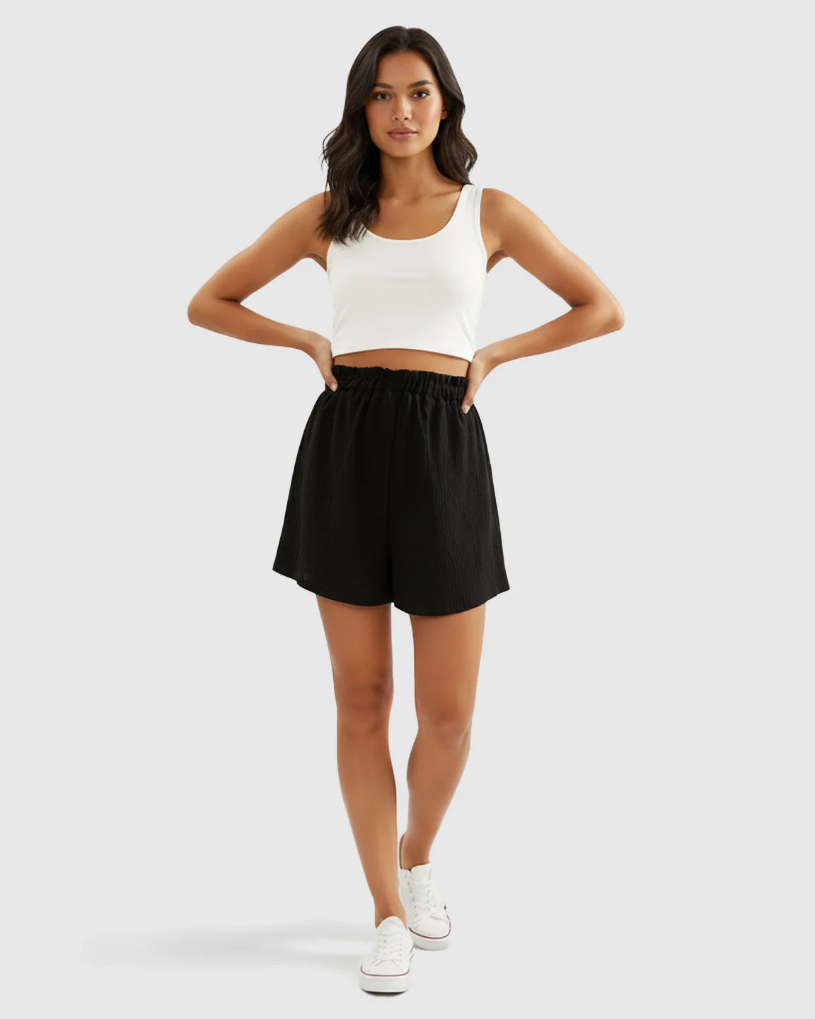 Bump Society – The Comfort Collection: High-Waist Pocketed Maternity Paperbag Shorts