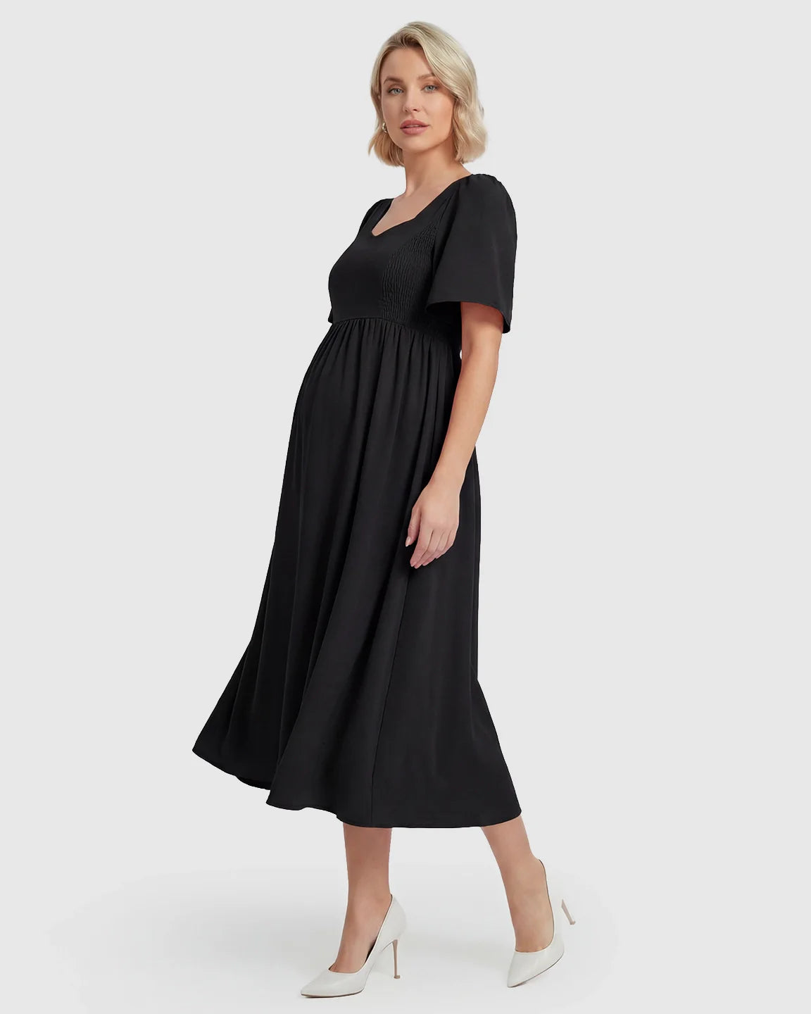 Bump Society – The Comfort Collection: Shirred Ruffle Sleeve Swing Maternity Midi Dress