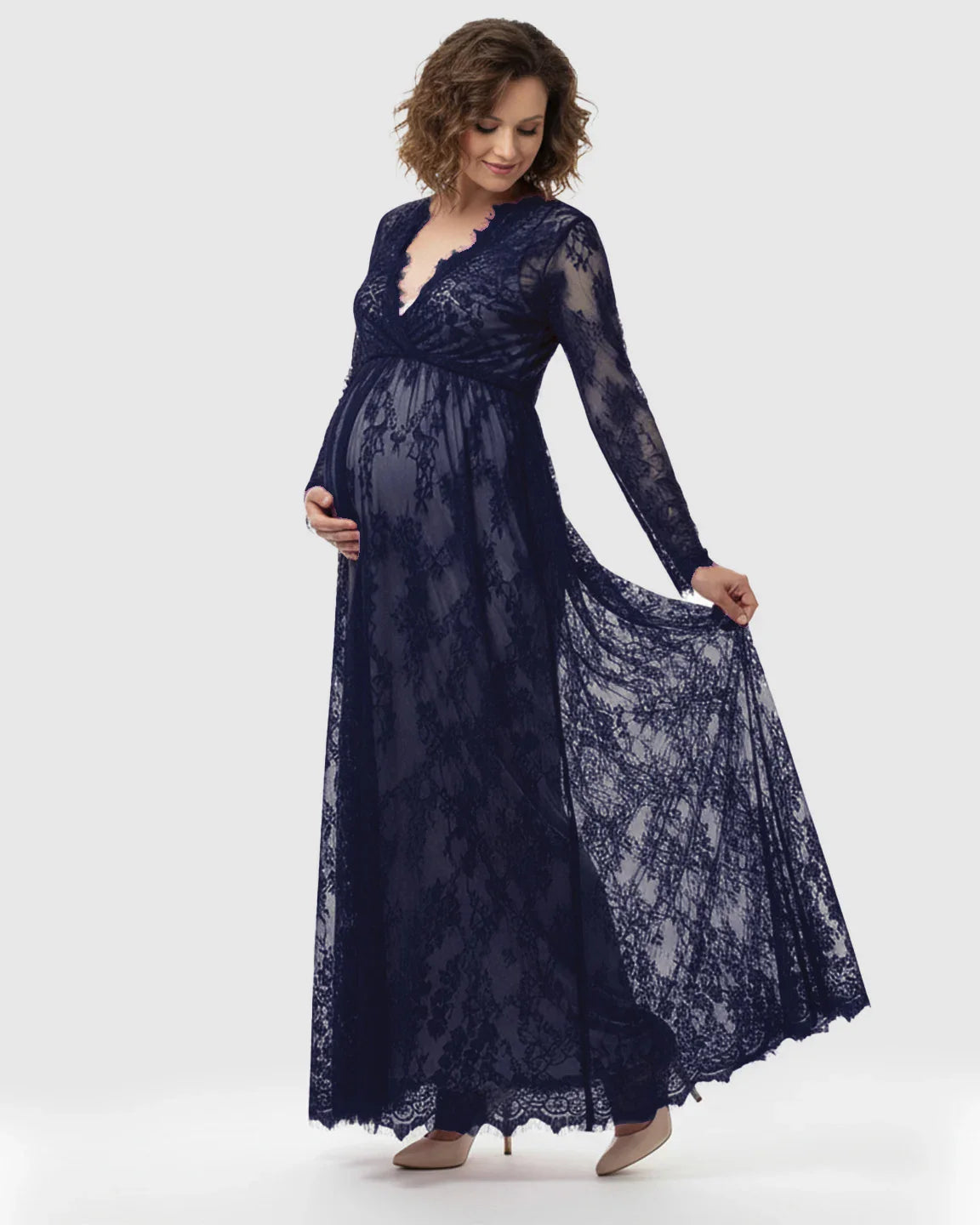 Navy sheer floral lace empire waist maternity maxi dress with long sleeves.