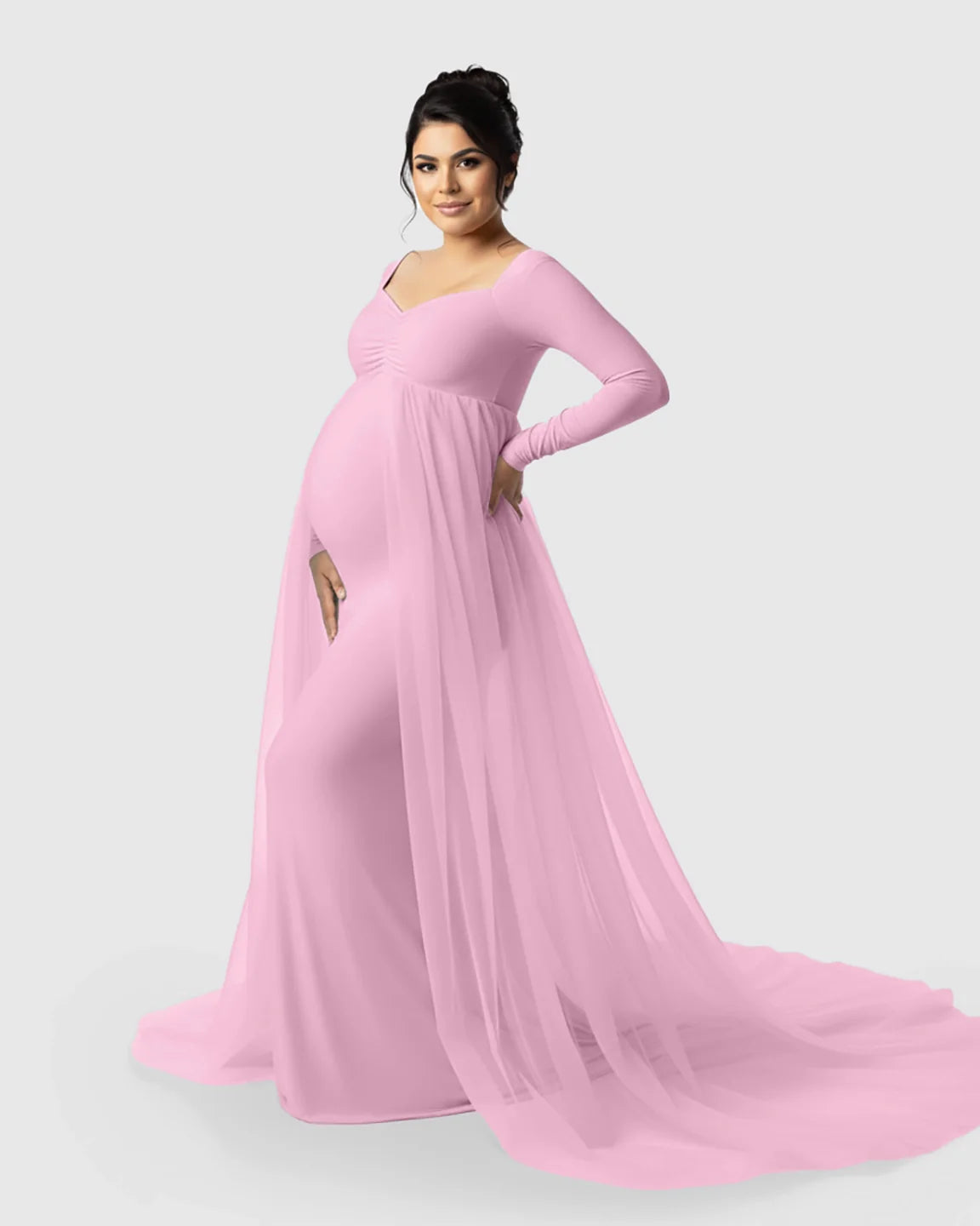 Bump Society – The Comfort Collection: Sheer Mesh Flowy Train Maternity Maxi Dress