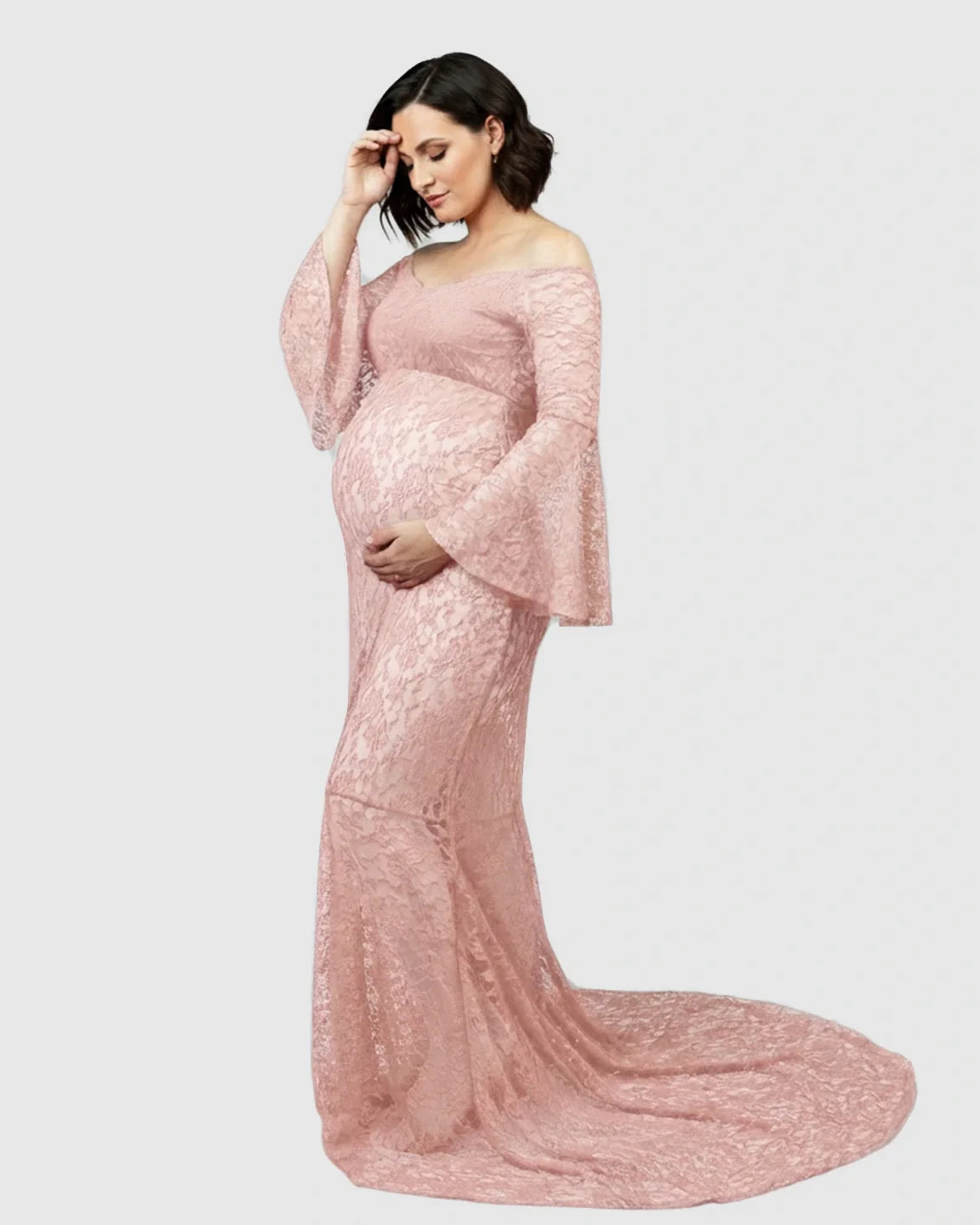 Bump Society – The Comfort Collection: Bell Lace Sleeve Trailing Maternity Gown