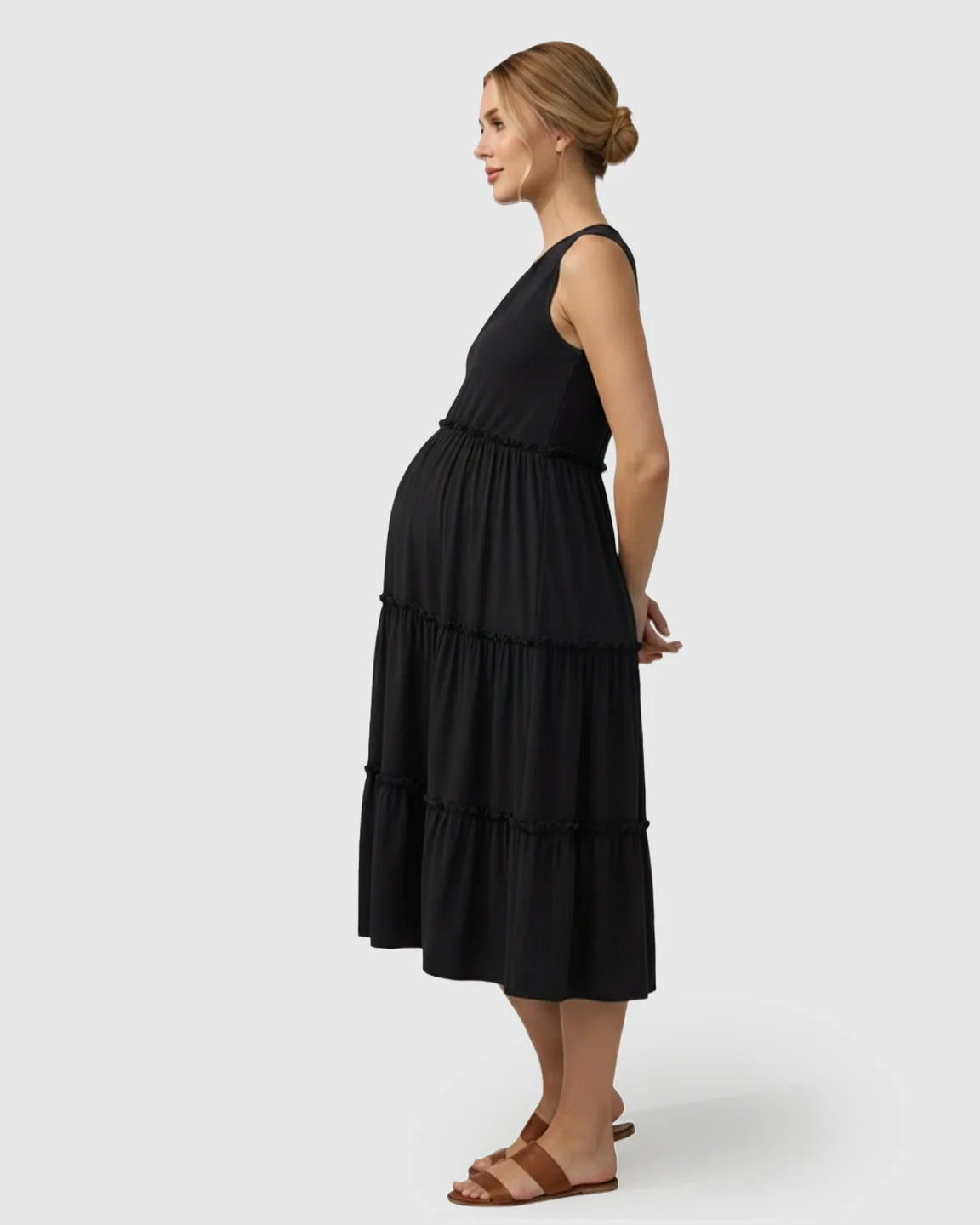 Bump Society – The Comfort Collection: Tiered Ruffle Skirt Casual Maternity Midi Dress